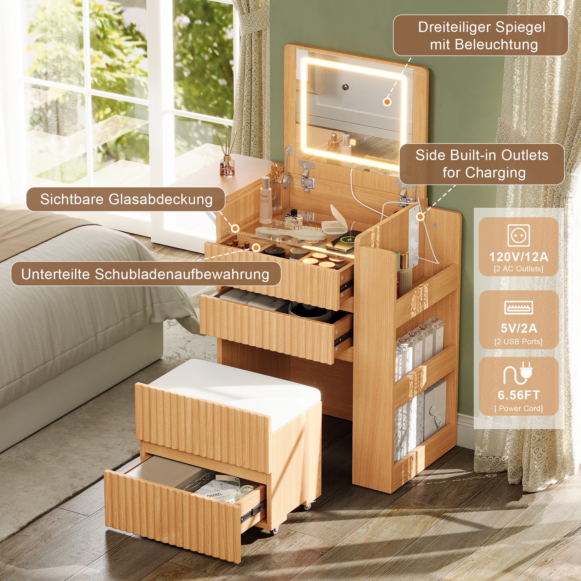 i@home Schminktisch mit LED-Klappspiegel (1 Schminktisch mit LED-Klappspiegel), 4 Ladeanschlüsse, Hocker mit Rollen, klappbarer Seitentischplatte