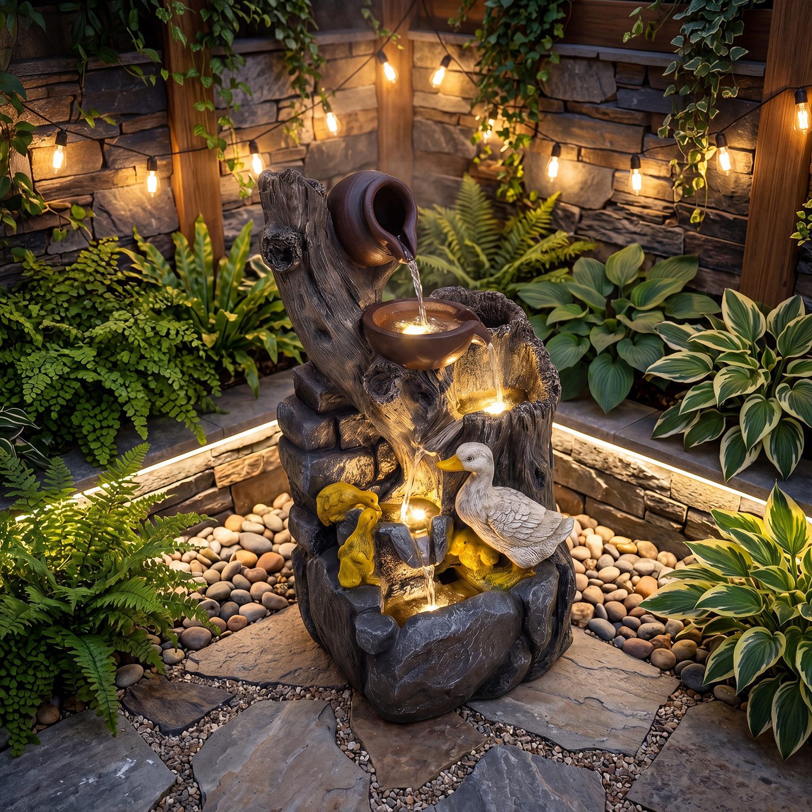 KOMFOTTEU Gartenbrunnen, dekorativer Zierbrunnen mit LED-Licht & Pumpe