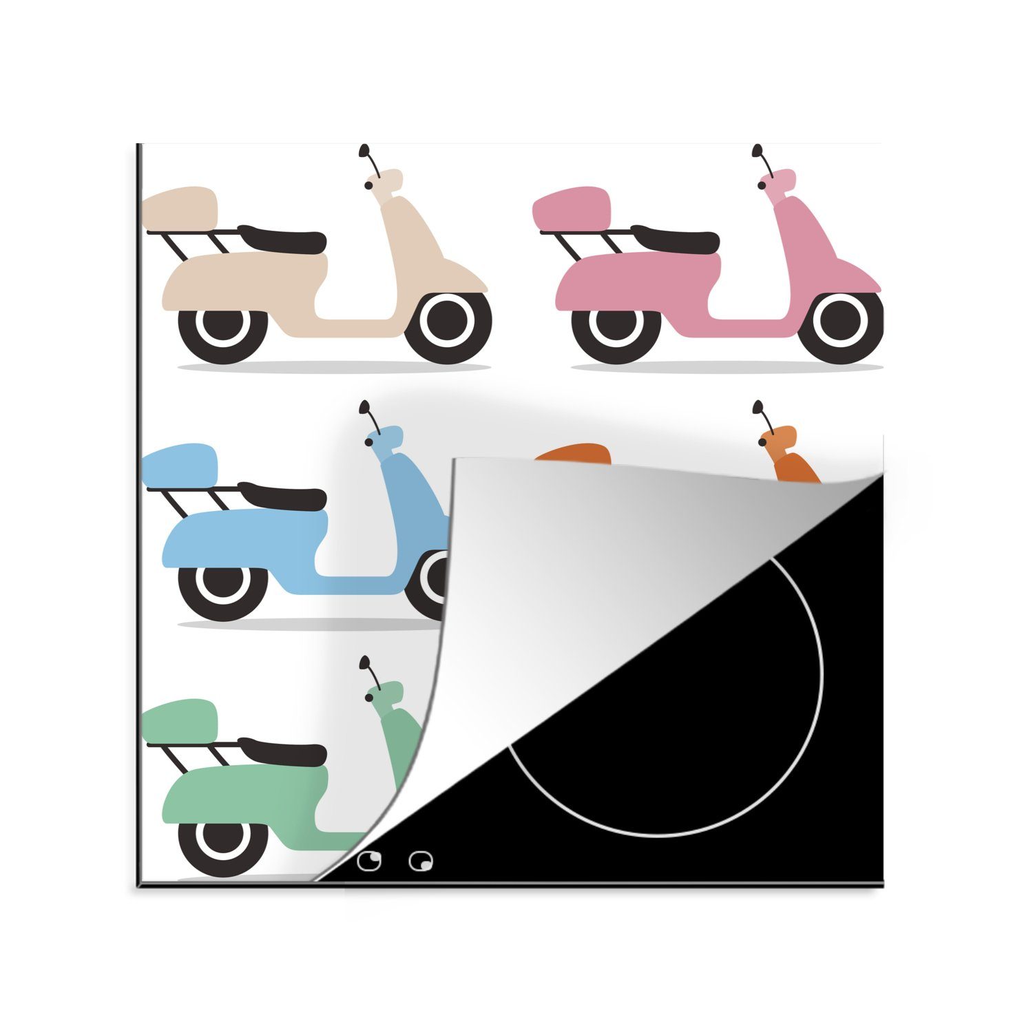 MuchoWow Herdblende-/Abdeckplatte Illustrationen von Motorrollern in verschiedenen Farben, Vinyl, (1 tlg), 78x78 cm, Ceranfeldabdeckung, Arbeitsplatte für küche