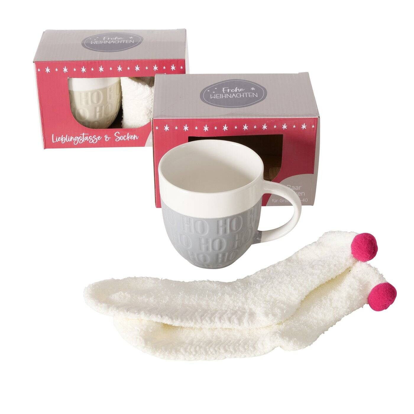 BOLTZE GRUPPE GmbH Becher Jumbo-Tasse mit Weihnachtsmotiv HOHO, 600 ml, Keramik, Weihnachtstasse mit Socken