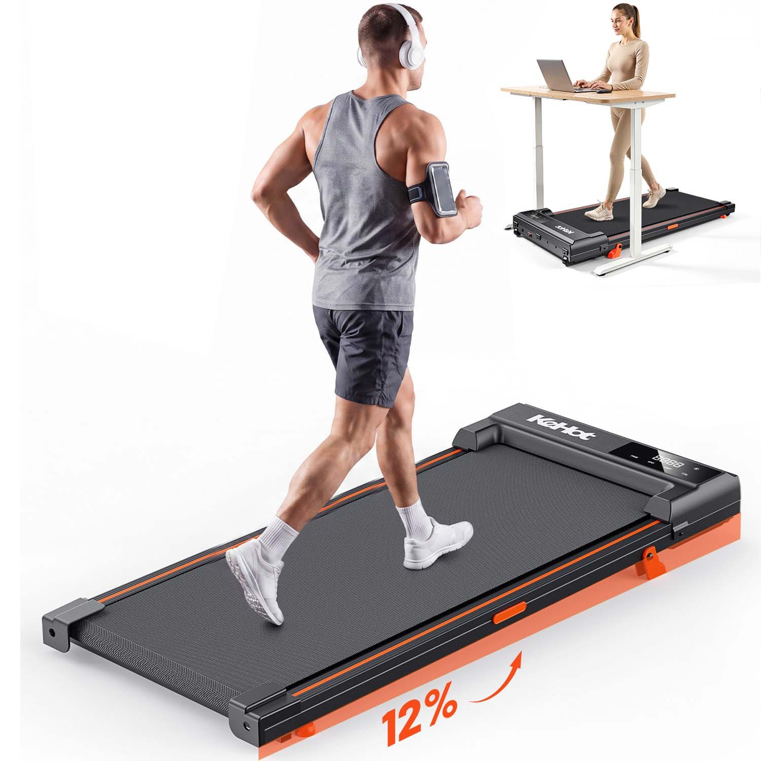 kehot Laufband Walking Pad Laufband mit 12 % Steigung, 1–6 km/h (2 Neigungsstufen und 90 x 40 cm Lauffläche, Nur 10 cm hoch und bis 100 kg belastbar), LED-Display und Fernbedienung für Homeoffice und Zuhause