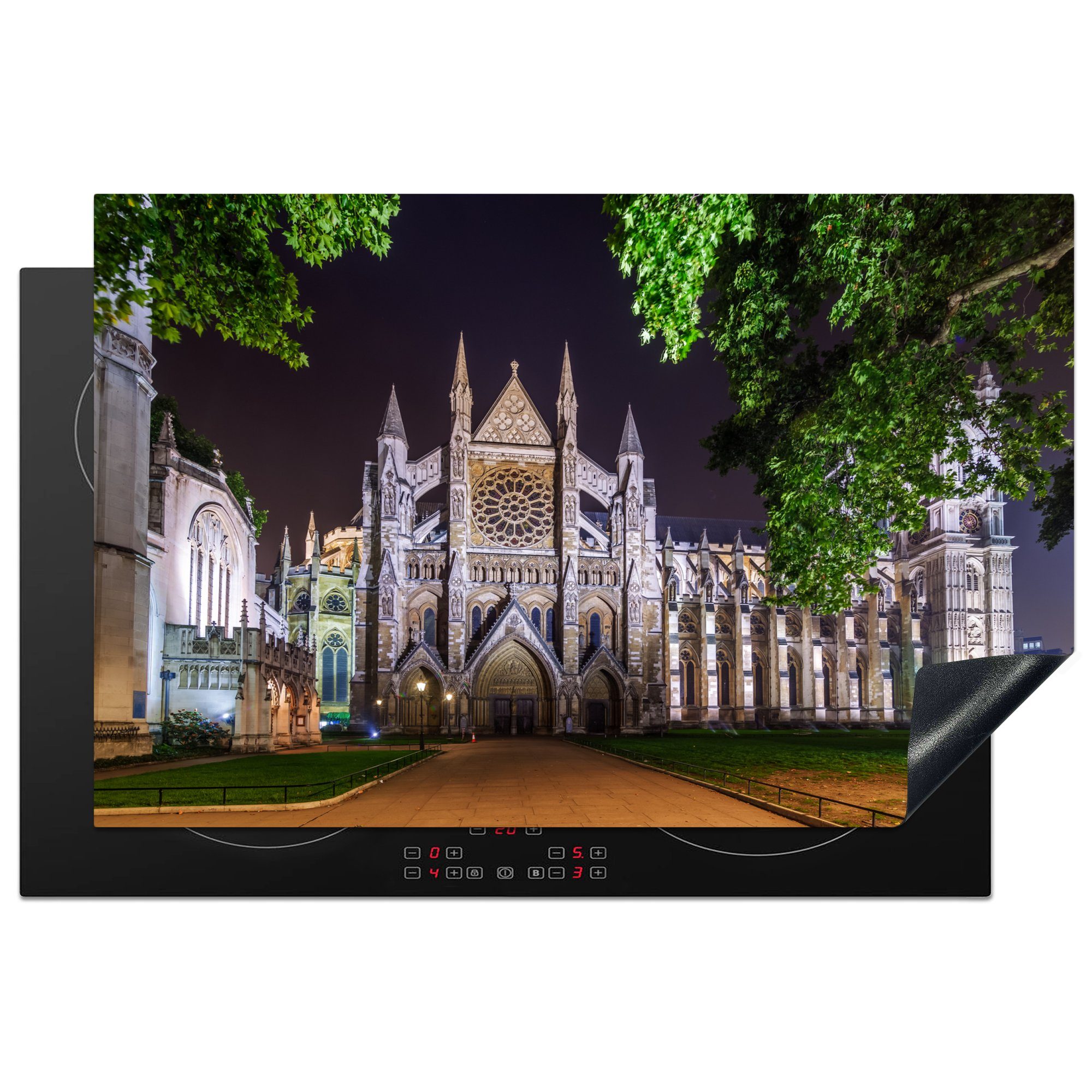 MuchoWow Herdblende-/Abdeckplatte Westminster Abbey bei Nacht, Vinyl, (1 tlg), 81x52 cm, Induktionskochfeld Schutz für die küche, Ceranfeldabdeckung