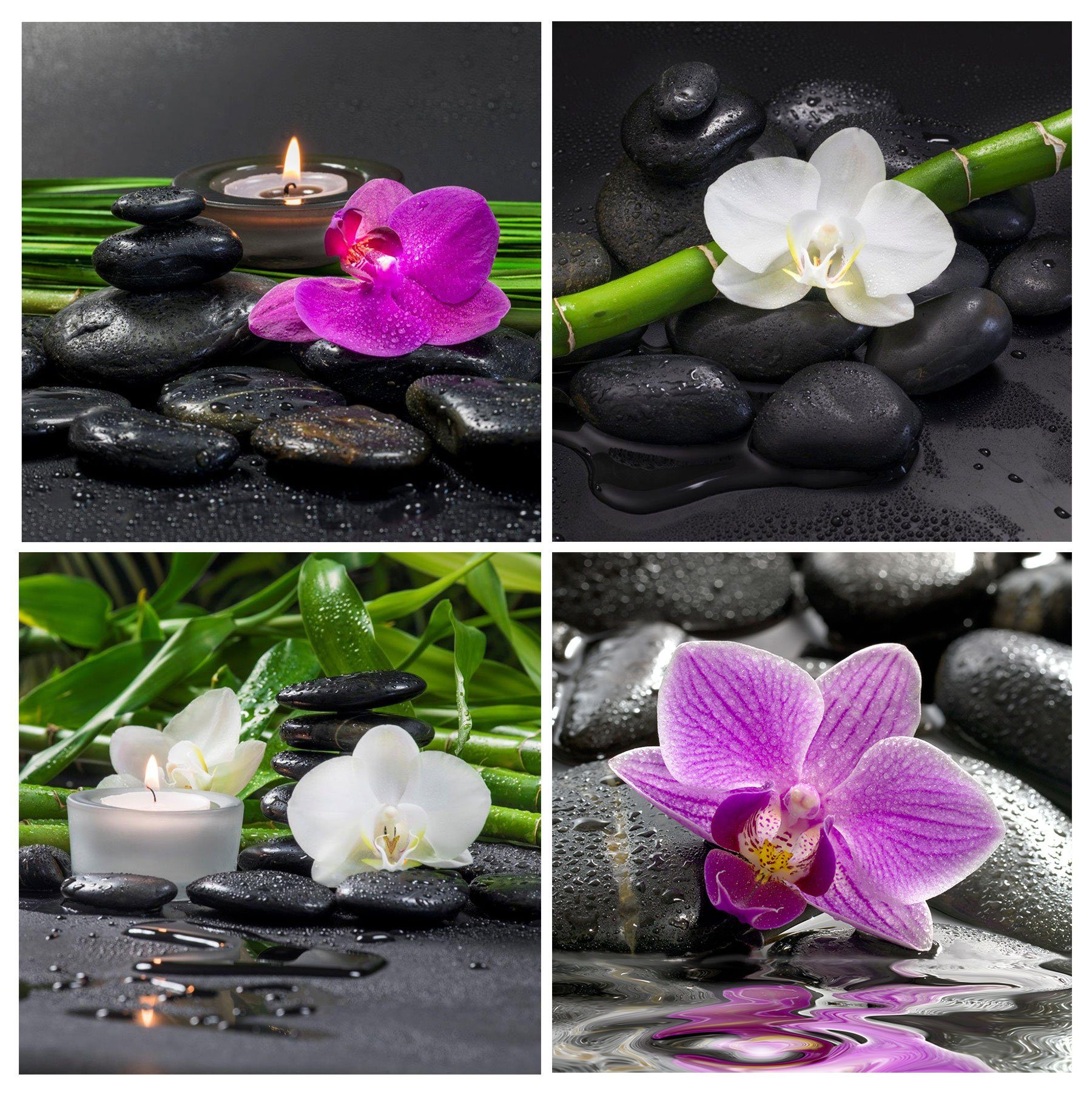 Levandeo® Glasbild, Glasbild 4er Set je 30x30cm Wandbild Glas lila Orchideen Blume