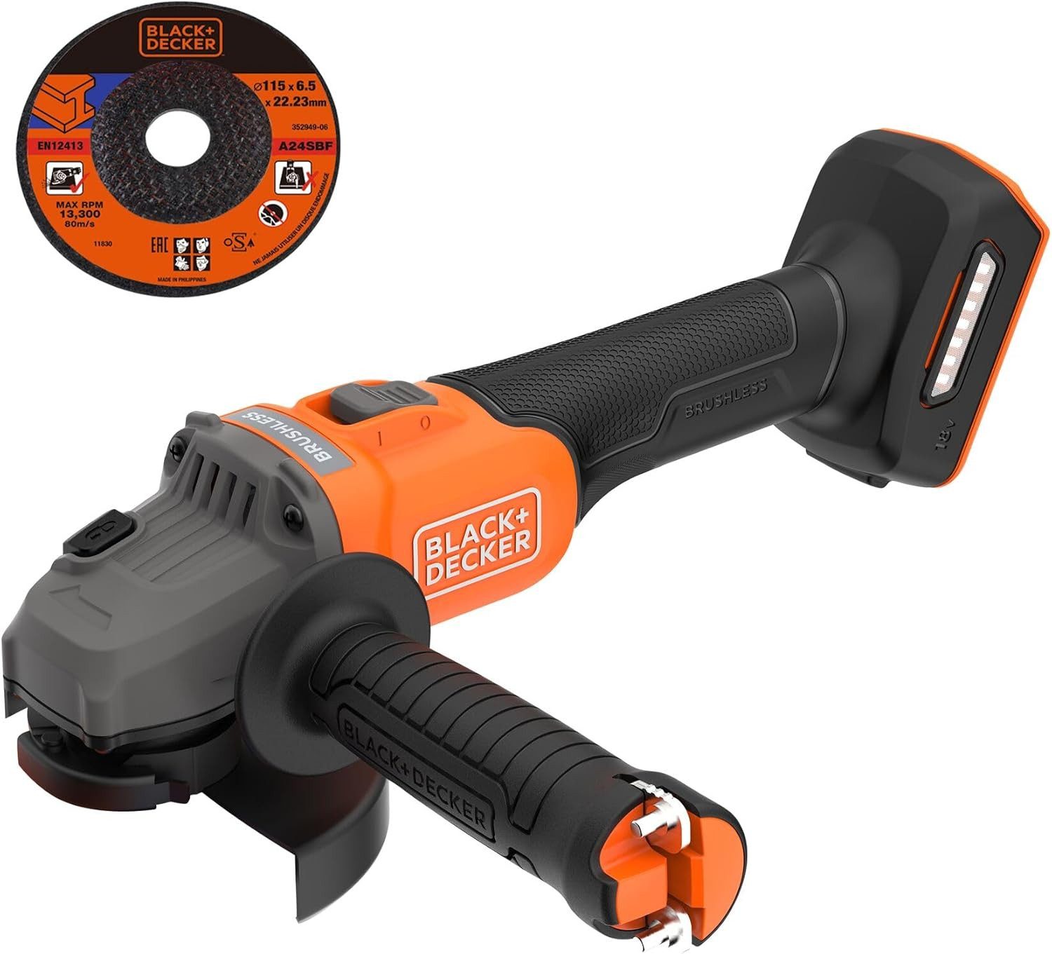 Black + Decker Akku-Winkelschleifer Akku-Winkelschleifer (18V, 115mm Scheiben-ø, ohne Akku und Ladegerät), (1 tlg)