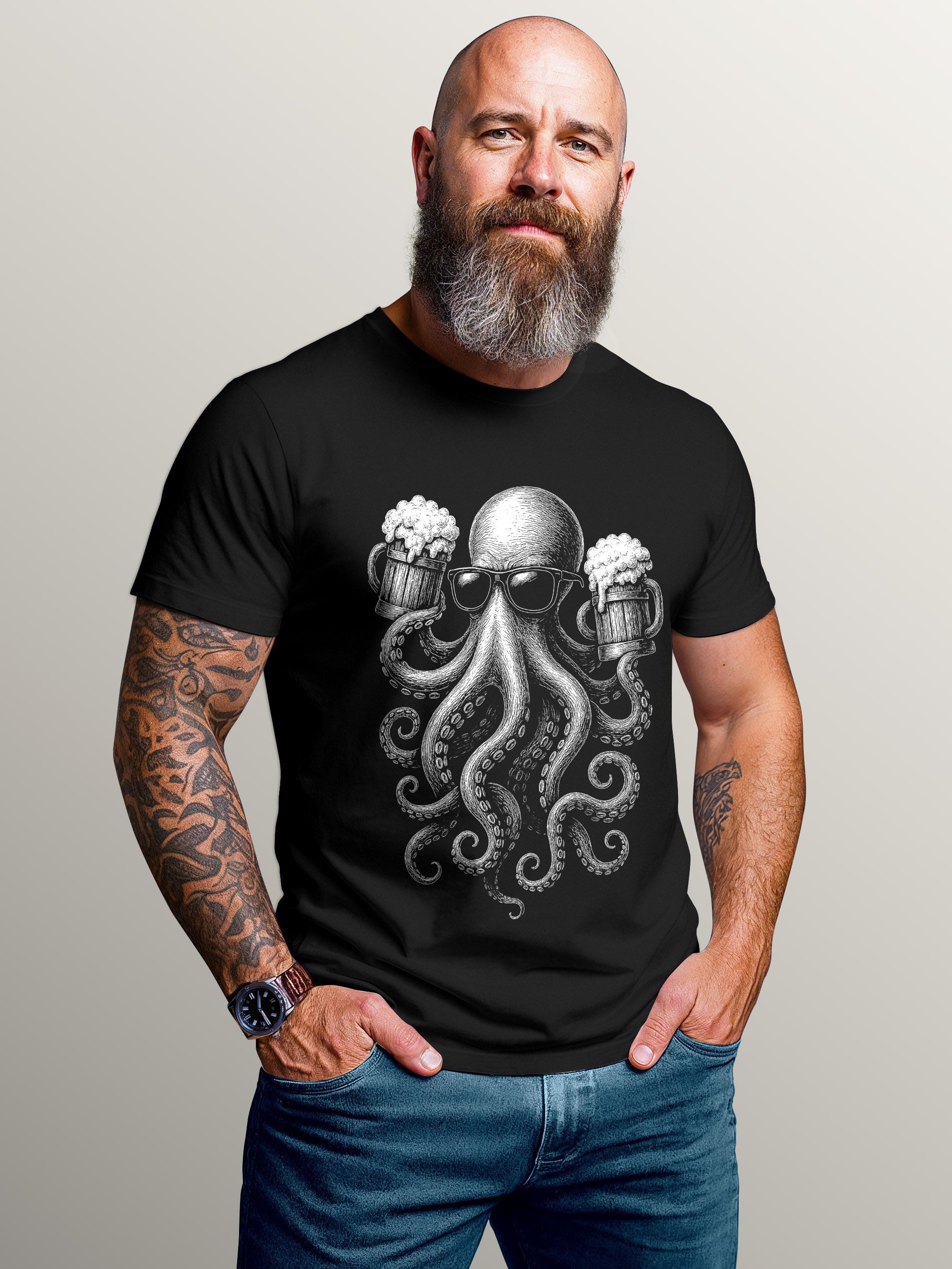 Print-Shirt Herren T-Shirt für das Oktoberfest Oktopus mit Bierkrügen Fun-Shirt
