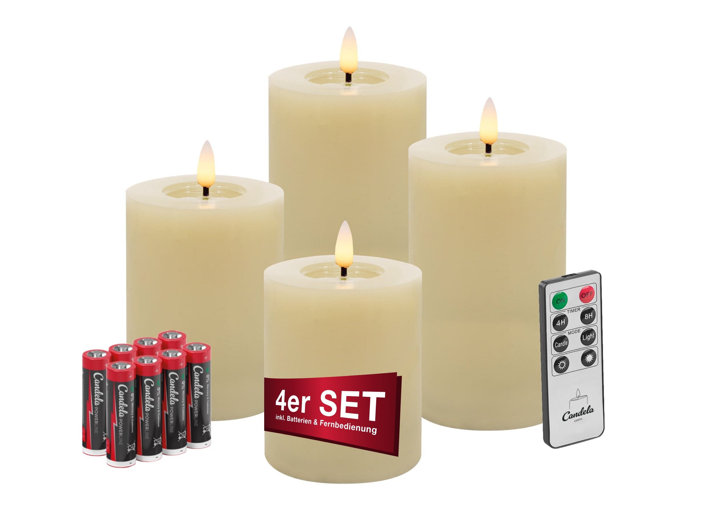 LC Home LED-Kerze Candela Lights LED Свечи Echtwachs 4erSet mit Fernbedienung Batterien (Komplett-Set), LED Свечи mit Timerfunktion Fernbedienung Dimmbar