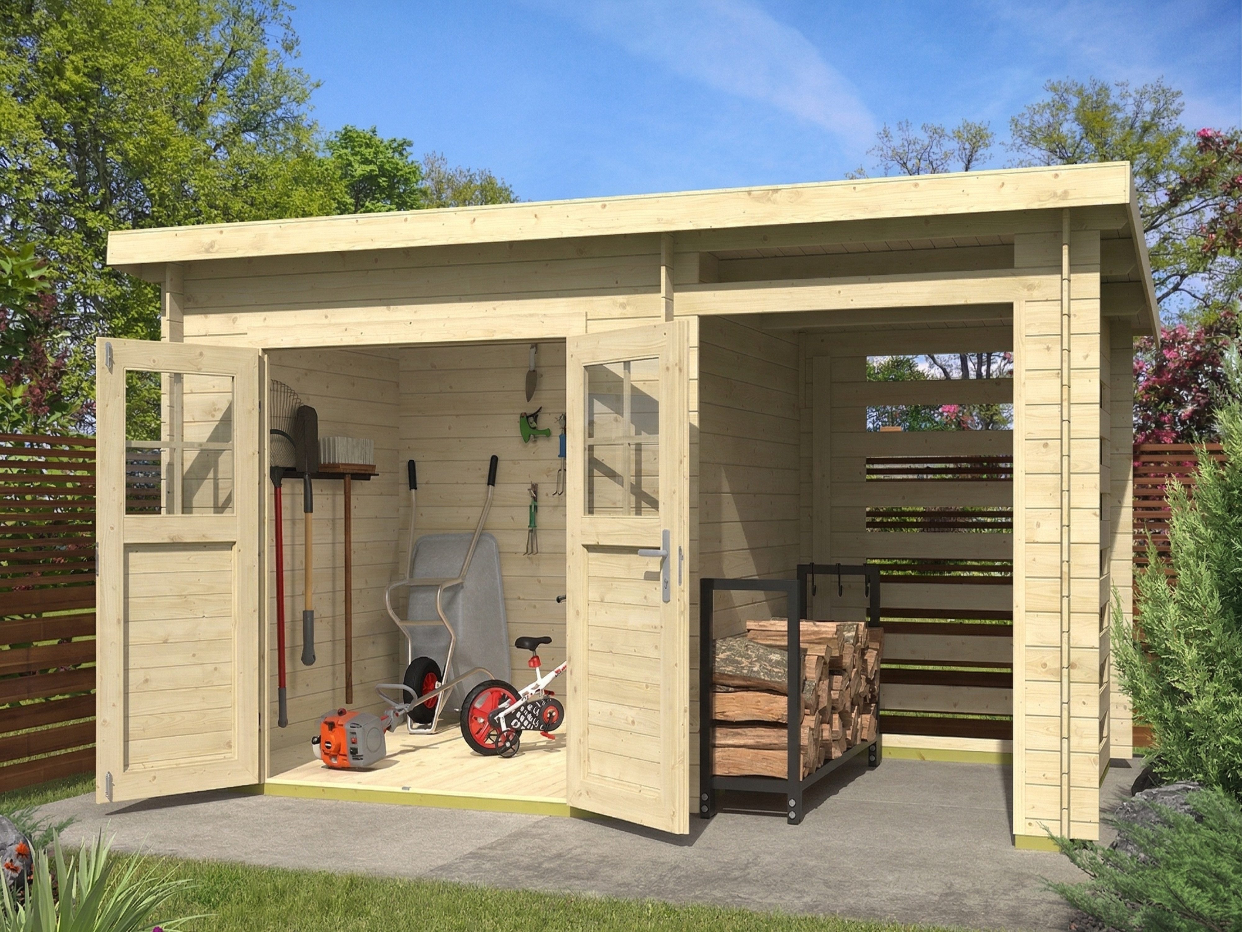 LASITA MAJA Gartenhaus Lasita Blockbohlenhaus Linz 19 mm natur Kaminholzanbau, BxT: 422x242 cm, Kaminholzanbau, 19 mm Wandstärke, Einzeltür mit Kunstglas-Einsätzen