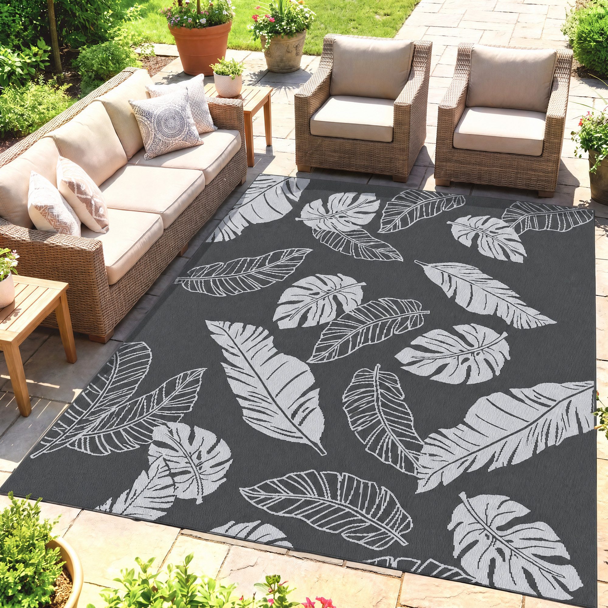 Outsunny Outdoorteppich Campingteppich, doppelseitig, wetterfester Kunststoffteppich, Rechteckig, Höhe: 0.3 mm, für Balkon, Terrasse, Grau+Weiß, 182 x 274 cm