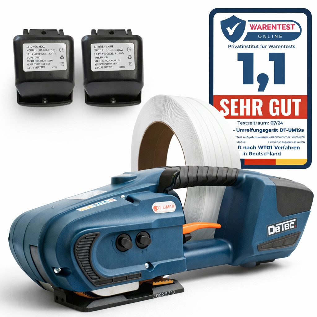 DeTec. Elektrowerkzeug-Set DT-UM19 Umreifungsgerät mit 2 Akkus + PP Umreifungsband 12mm 2300m, Bandspanner inkl. 2 Akkus und Umreifungsband