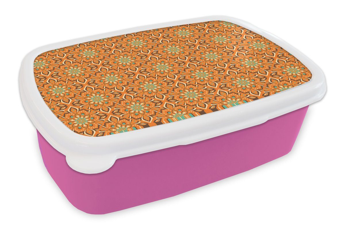 MuchoWow Lunchbox Orange - Mandala - Mädchen, - Snackbox, rosa Brotbox Kinder, für Erwachsene, Vintage, Bohème Design Kunststoff (2-tlg), Kunststoff, - Brotdose