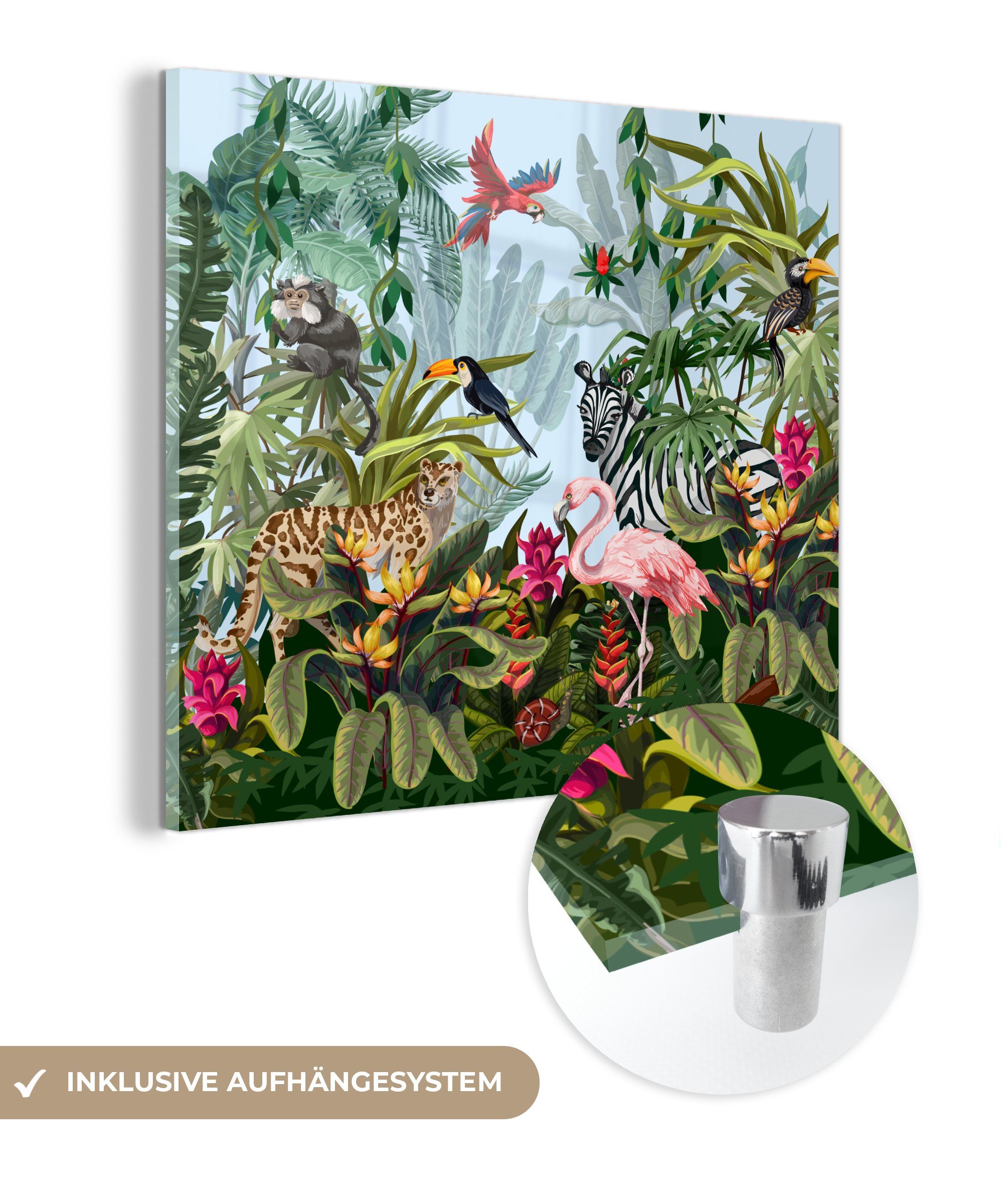 MuchoWow Acrylglasbild Dschungel - Natur - Jungen - Mädchen - Kinder - Zebra - Flamingo, (1 St), Glasbilder - Bilder auf Glas Wandbild - Foto auf Glas - Wanddekoration bunt