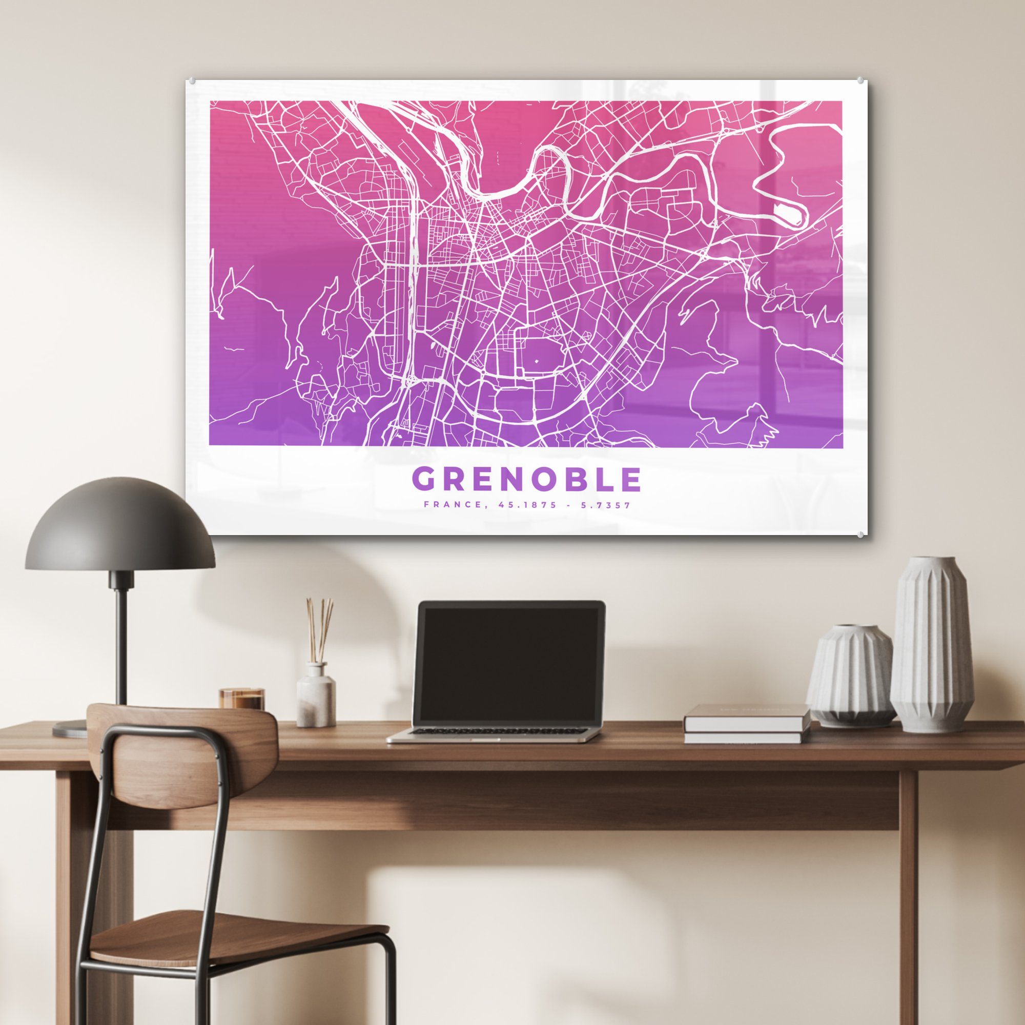 St), Frankreich (1 & Stadtplan, Acrylglasbilder - Acrylglasbild Grenoble - MuchoWow Wohnzimmer Schlafzimmer