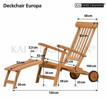 Kai Wiechmann Gartenliege Hochwertiger Teak Deckchair mit Rad als wetterfester Liegestuhl, verstellbarer Teak Relaxsessel mit Fußablage