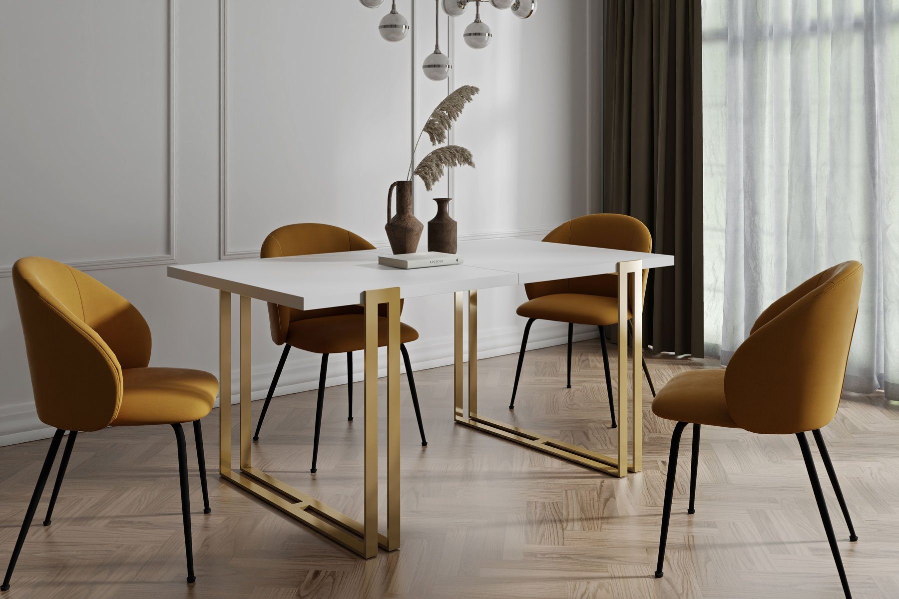 WFL GROUP Esstisch Wolf ausziehbar rechteckig loft mit goldenen Metallbeinen (MADE IN EU, erhältlich in 3 Größen – 120/140/160 cm ausziehbar auf 220/240/260 cm), platzsparender Tisch für Küche, Esszimmer oder Wohnzimmer