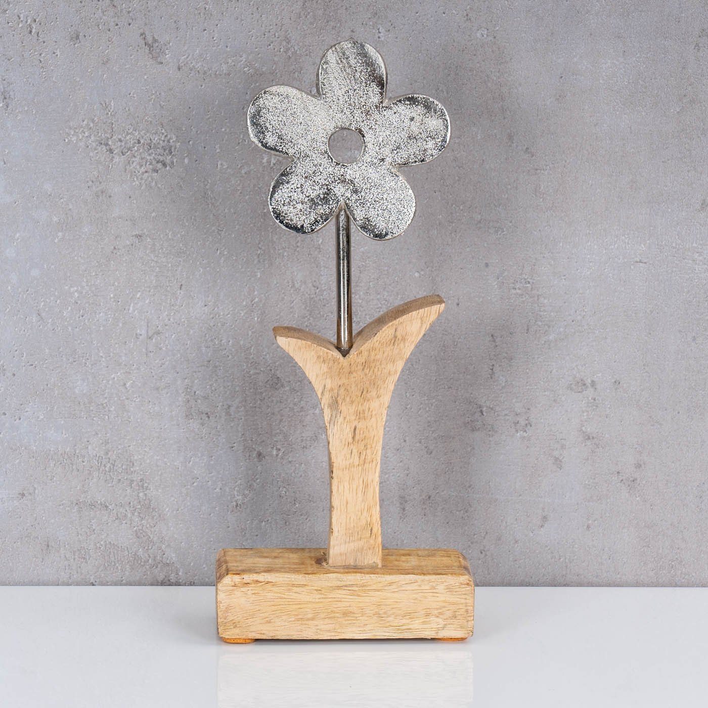 Levandeo® Dekoobjekt, Aufsteller Blume H24cm Mango Metall Holz Braun Silber Tischdeko
