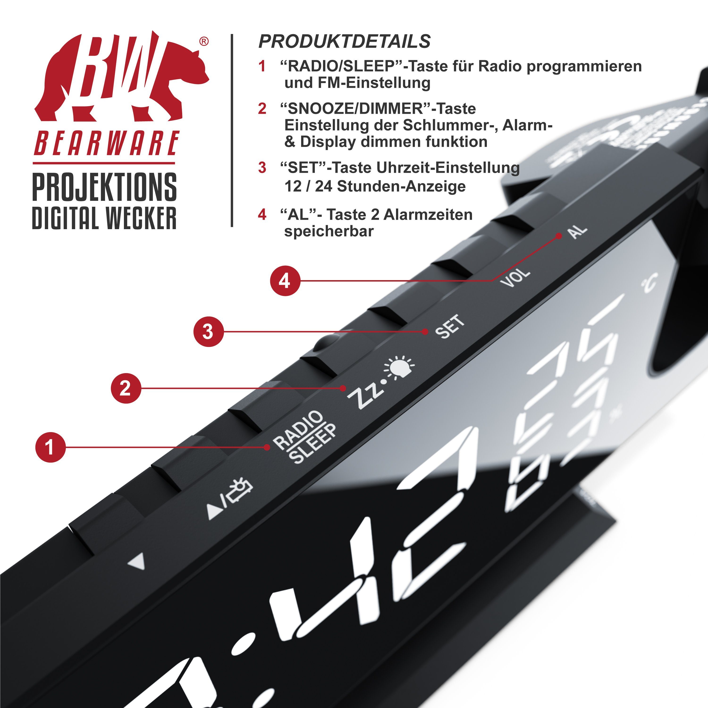 CSL Radiowecker Projektions Wecker Digital, Autodimmer, Dual-Alarm 12 / 24h & USB Projektionswecker, Radio, Temperatur & Luftfeuchtigkeitsanzeige