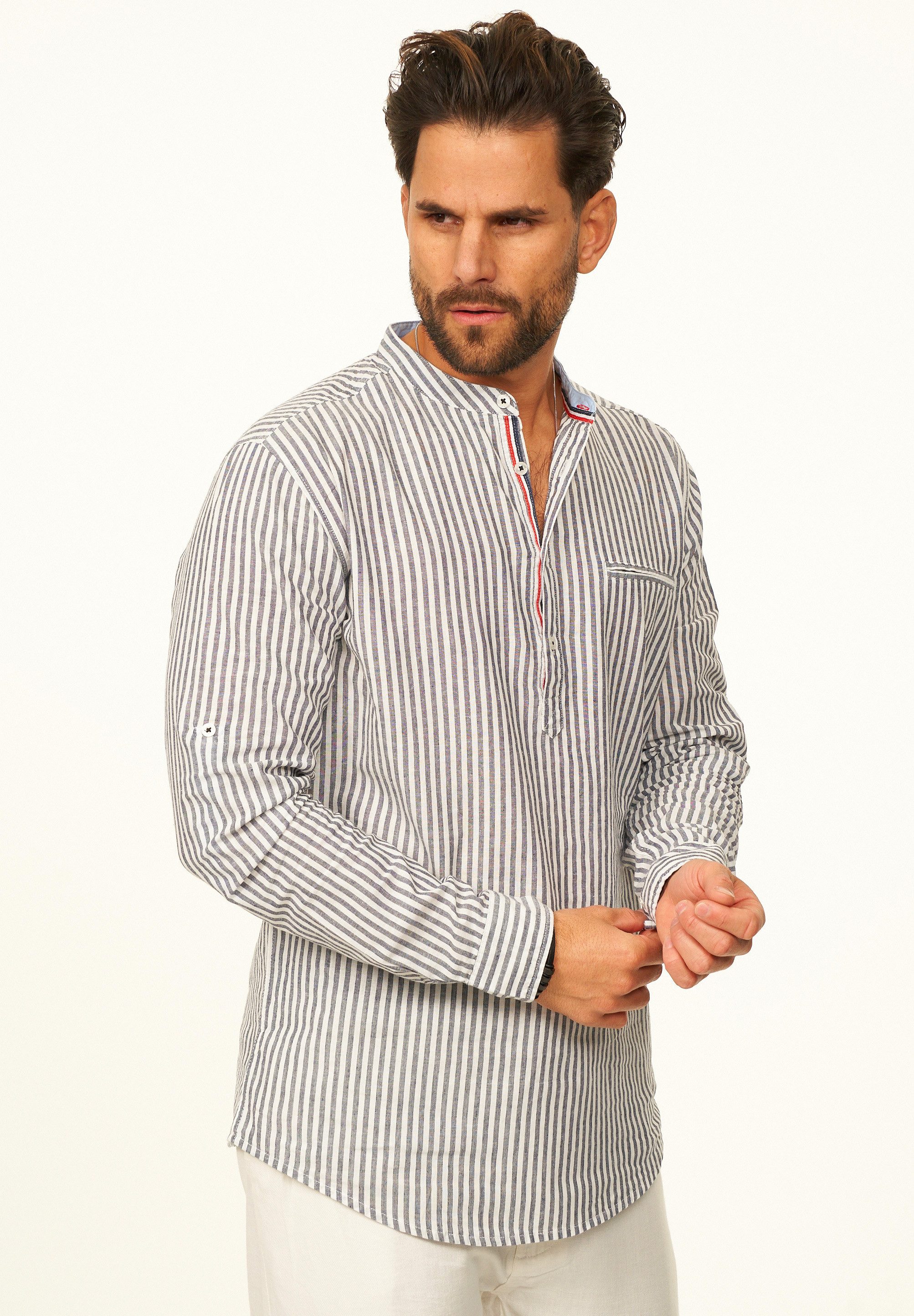 behype Langarmhemd Gestreift im Regular-Fit mit Henley-Stehkragen Herren Sommerhemd als Freizeithemd