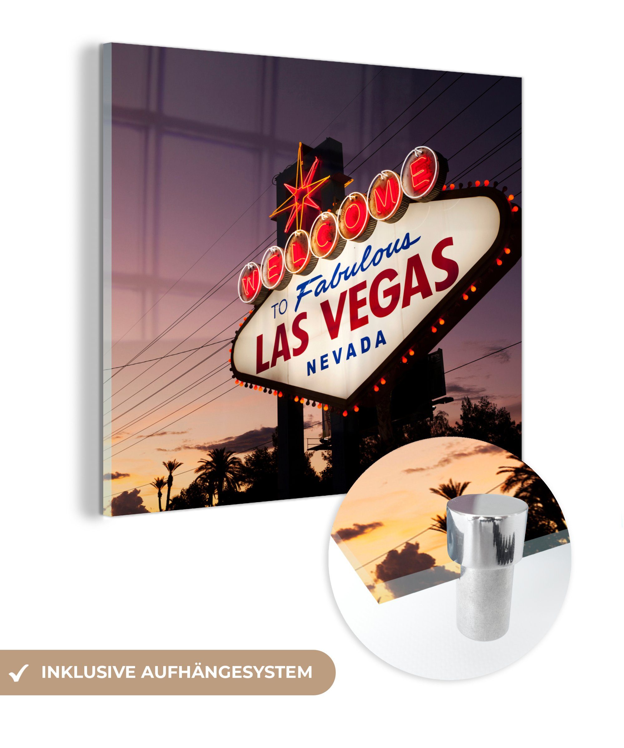 MuchoWow Acrylglasbild Las Vegas Willkommensschild in der Abenddämmerung - Vereinigte Staaten, (1 St), Glasbilder - Bilder auf Glas Wandbild - Foto auf Glas - Wanddekoration