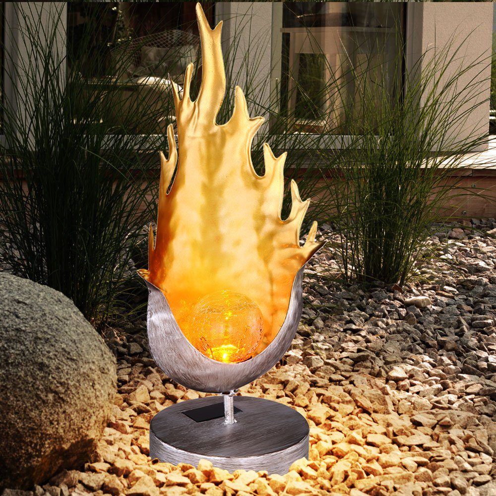Lampe Gartenleuchte, verbaut, Leuchte LED Steh Flammen Design Crackle Glas Solar Tisch Kugel fest etc-shop LED-Leuchtmittel