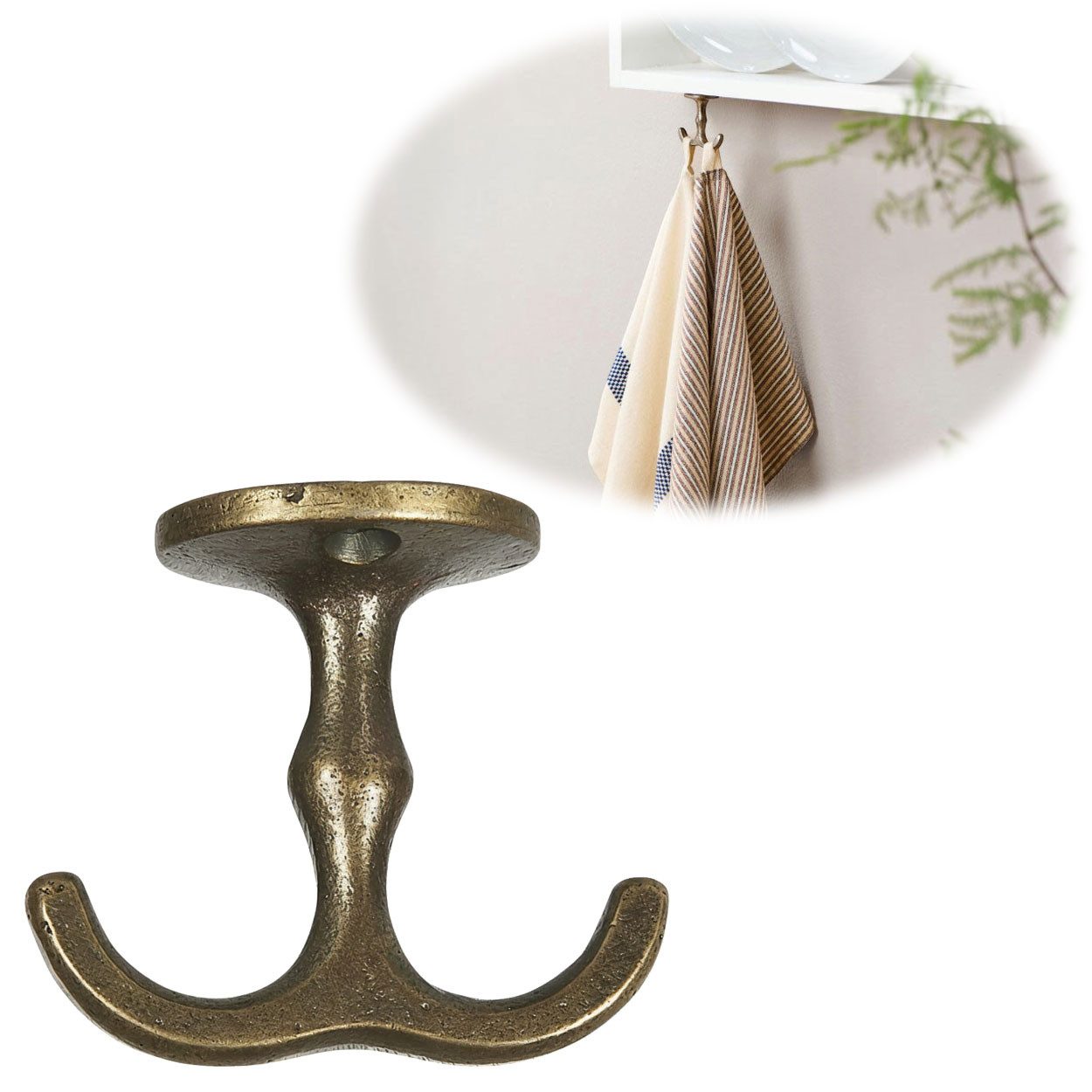 LS-LebenStil Deckenhaken IB Laursen Doppel Regalhaken Gold Vintage Schrankhaken Kleiderhaken, Handtücher, Geschirrtücher, Kaffeebecher, Kaffeetasse, Mantel, Jacke, Schlüssel, (Kleiderhaken, Tassenhaken, Haken für Geschirrtücher, 1-St., Stabile Gusseisen 2-Fach Haken Hakenleiste Mäntel Jacken), Doppelhaken zum Befestigen unter einem Regal Schrank Decke