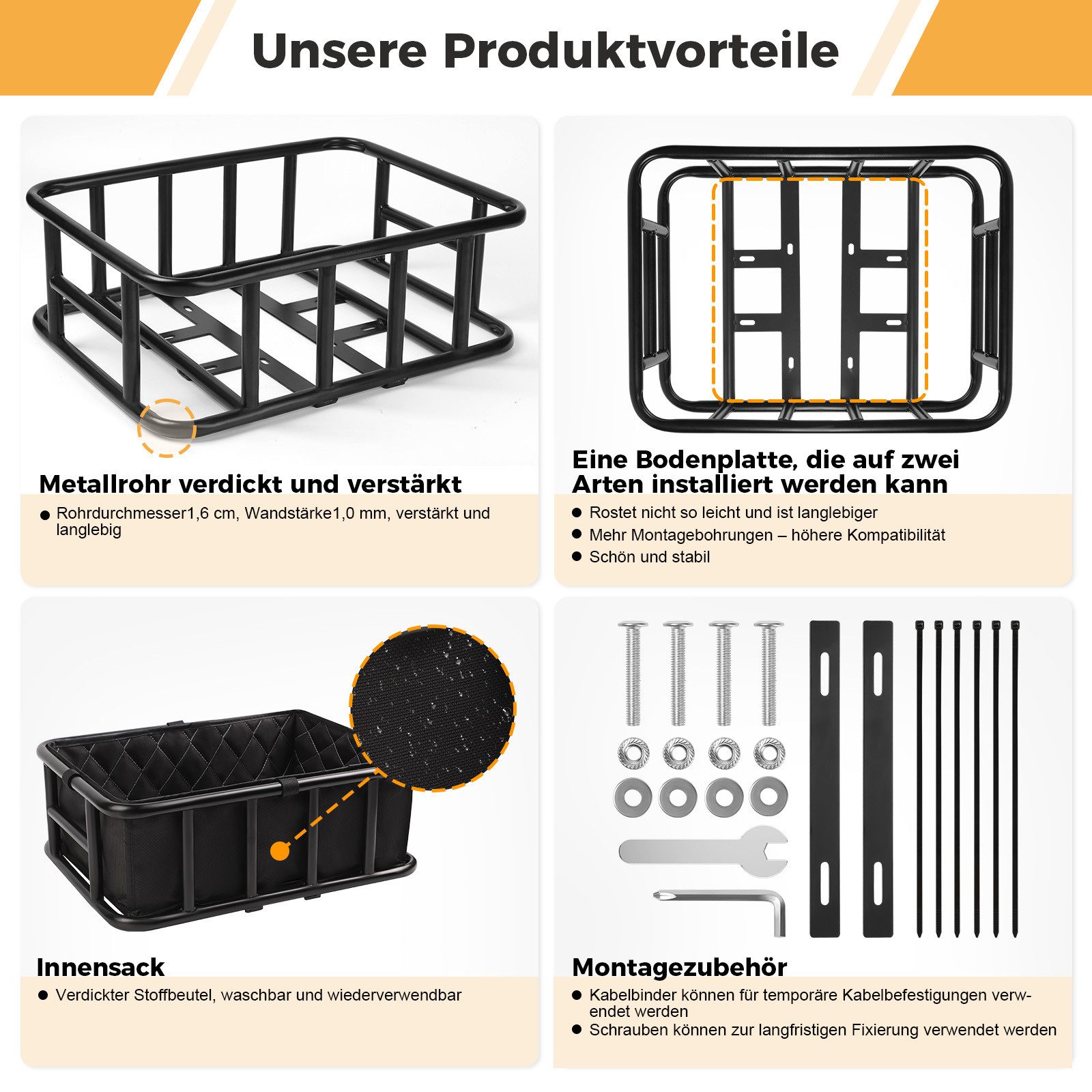 JOYOLEDER Rear Bicycle Basket, Large Metal Bicycle Basket, Robust Bicycle Basket (Rear Rack for Most Bicycles and E-Bikes), for Bike Tours, Shopping, Dogs