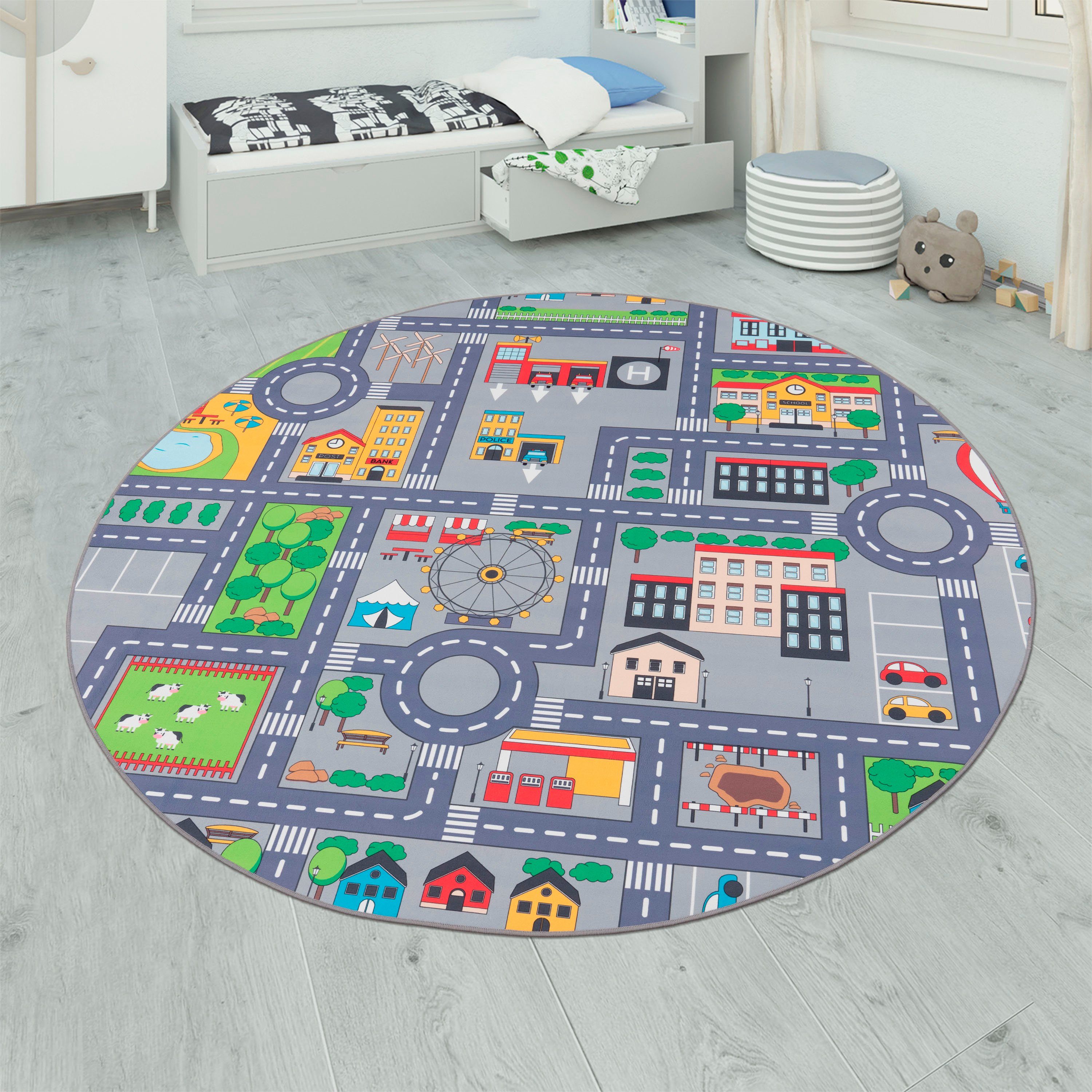 Paco Home Kinderteppich Bino 576, rund, Höhe: 4 mm, Kurzflor, Straßen-Spiel-Teppich, Kinderzimmer