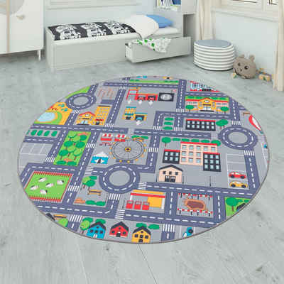 Kinderteppich Bino 576, Paco Home, rund, Höhe: 4 mm, Kurzflor, Straßen-Spiel-Teppich, Kinderzimmer