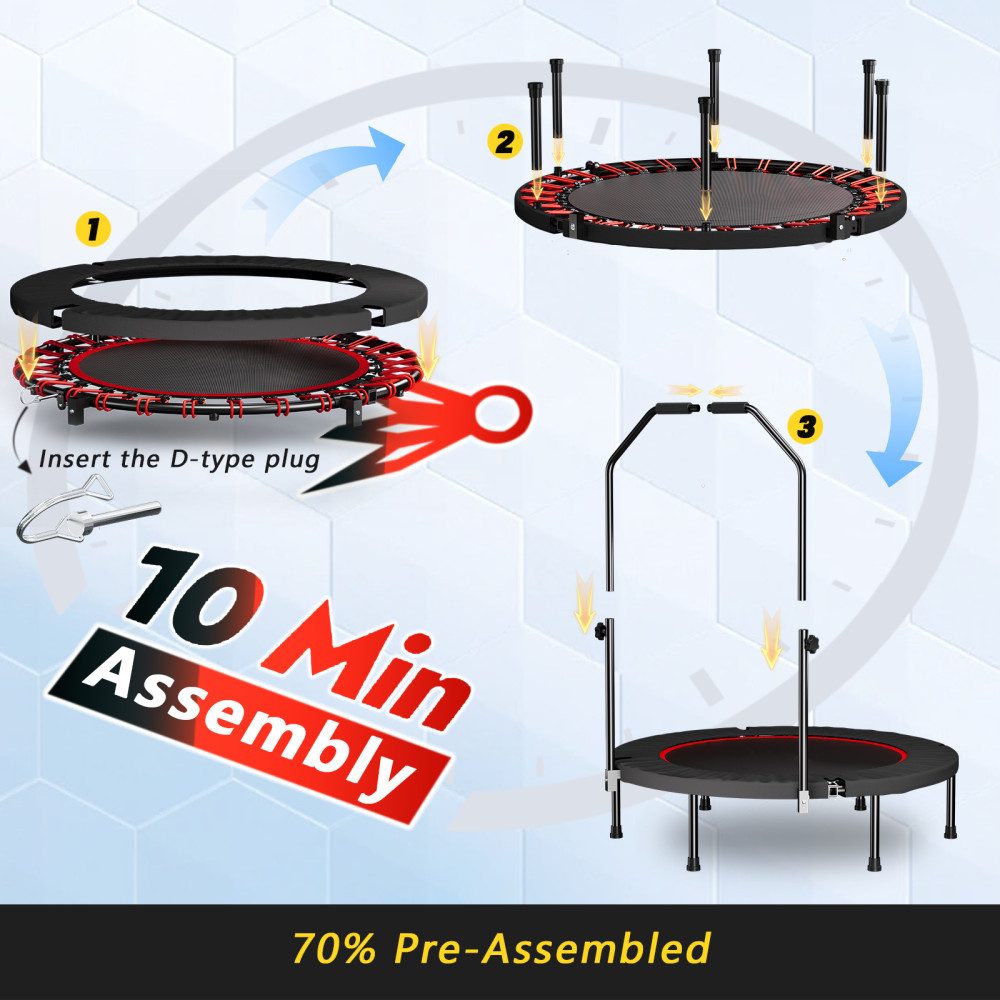 BBWL Fitnesstrampolin Fitness Trampolin klappbar mit Griff Premium Elastik leise Bungee, Ø 101 cm, Trampolin 101cm Indoor Rebounder höhenverstellbar stabil – Bild 5 von 5