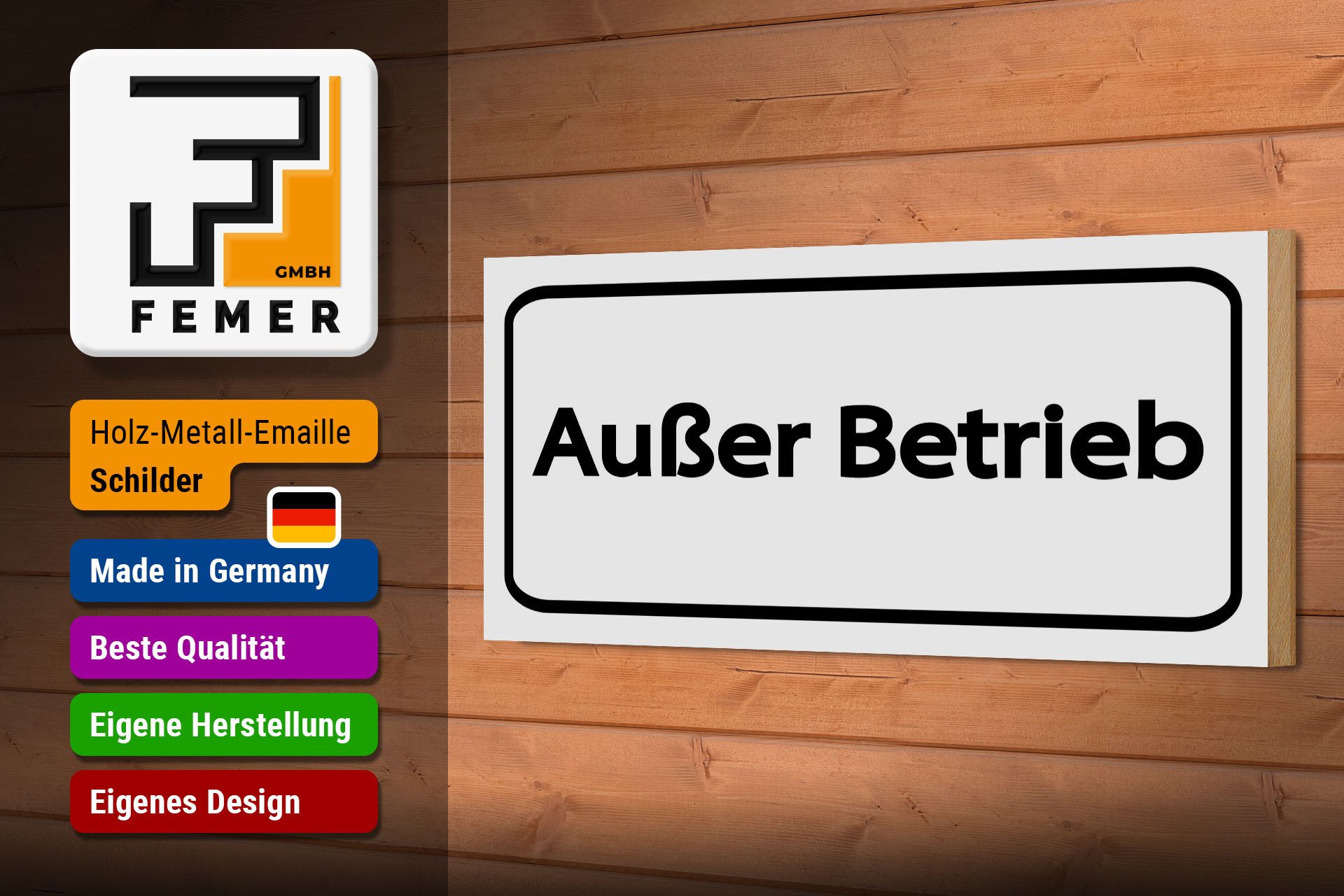 Femer GmbH Holzbild Hinweis 27x10 cm Außer Betrieb weißes, (1 St), Glatte Holzfaserplatte (MDF), vorn beschichtet