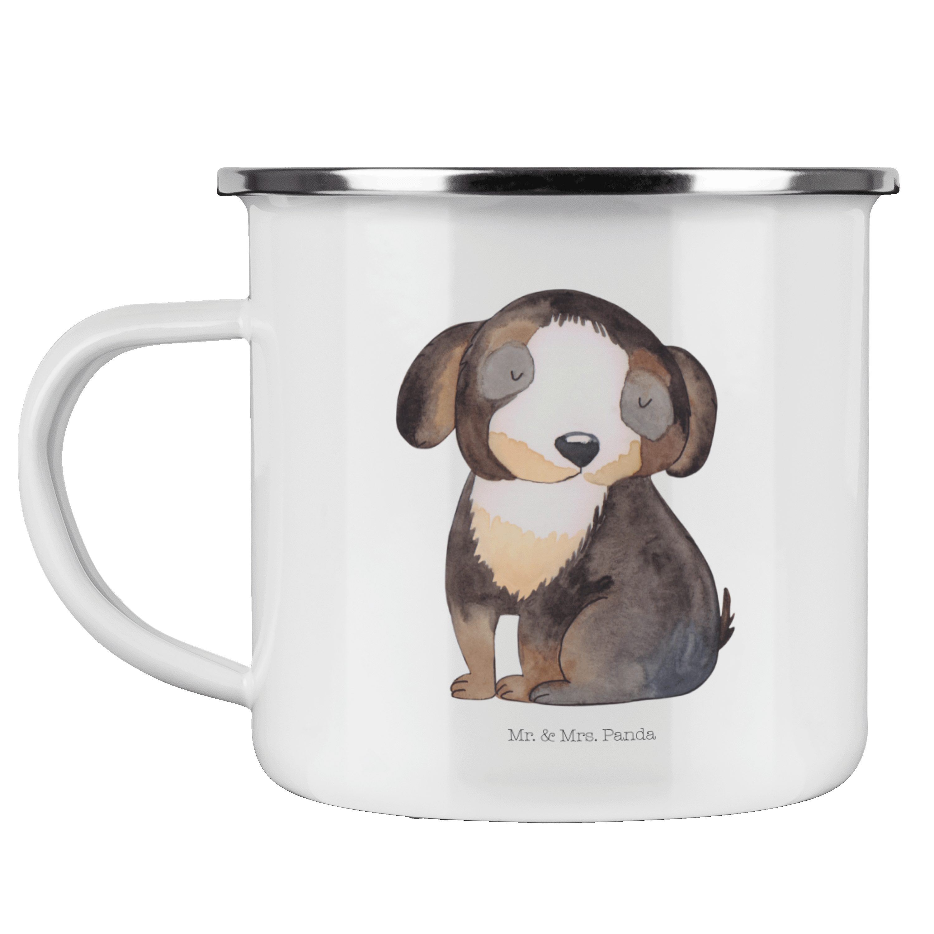 Mr. & Mrs. Panda Becher Hund entspannt - Weiß - Geschenk, Metalltasse, Sprüche, Haustier, Hun, Emaille