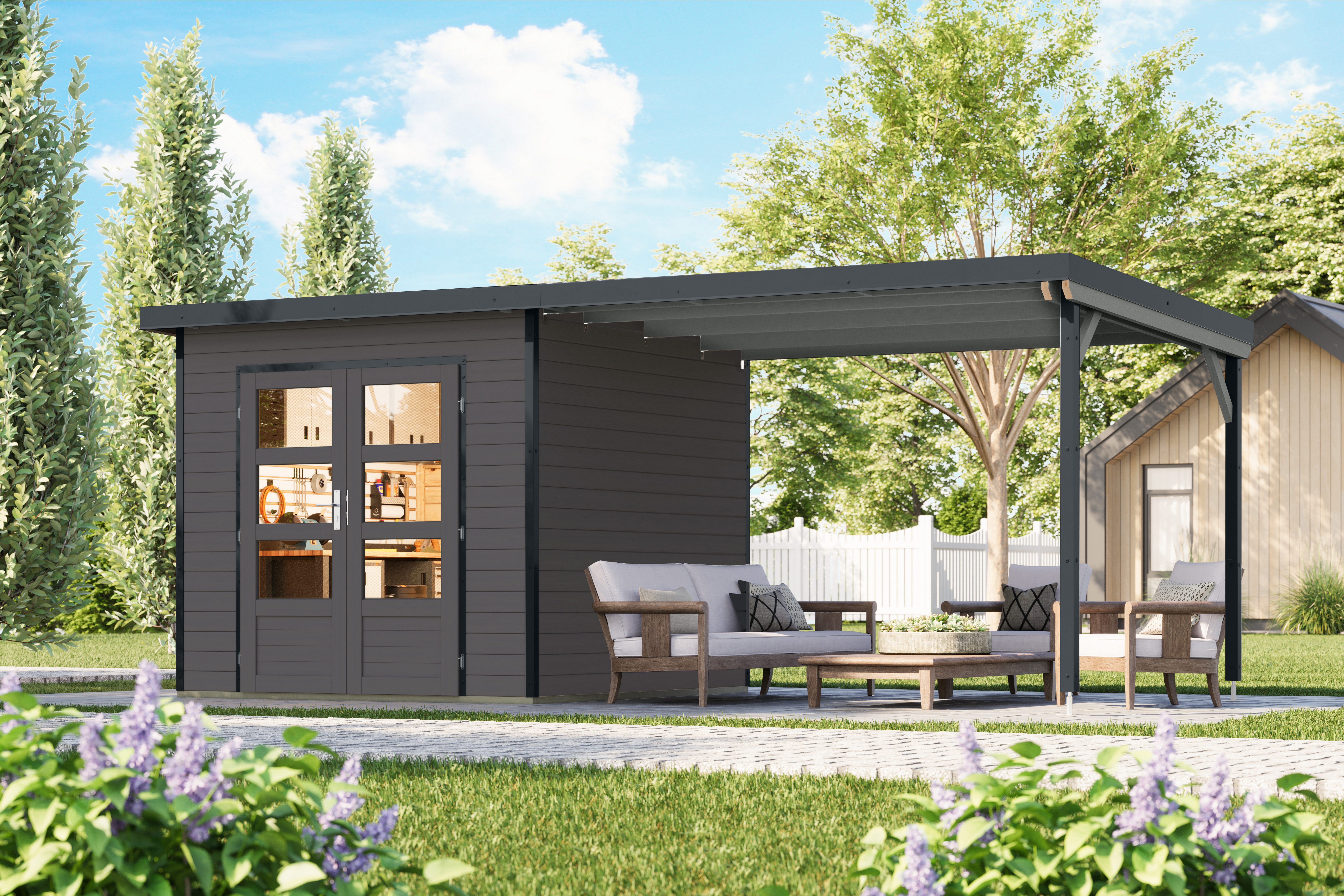 Karibu Gartenhaus Plutino 3 SET, in verschiedenen Farben, BxT: 561x266 cm, (Set), inkl. Anbaudach