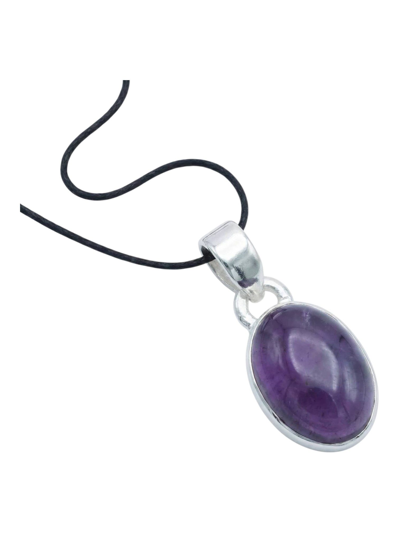mantraroma Kettenanhänger SAMA oval aus 925 Silber mit Amethyst (Kettenanhänger am Baumwollband im Schmuckbeutel), 925 Sterling Silber Kettenanhänger für Damen