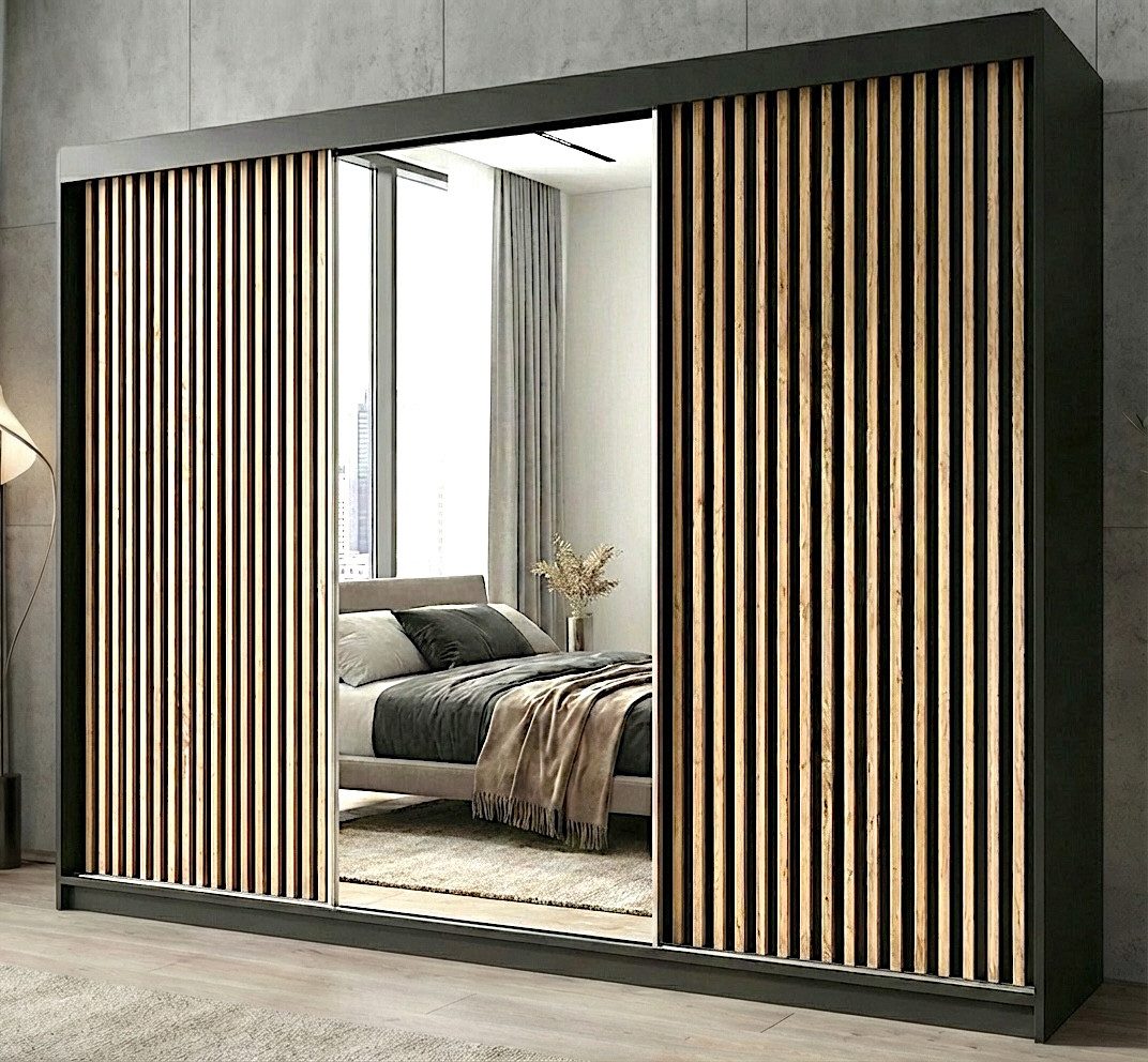 A&J MöbelLand GmbH Schiebetürenschrank FARA 200 cm mit 3D-Lamellen und Spiegelfront (TOP ANGEBOT! Geräumiger Schrank mit einer Breite von 200 cm ideal zur Aufbewahrung von Kleidung und Accessoires. Wählen Sie das ideale Modell für Ihr Schlafzimmer!, TOP PRODUKT)