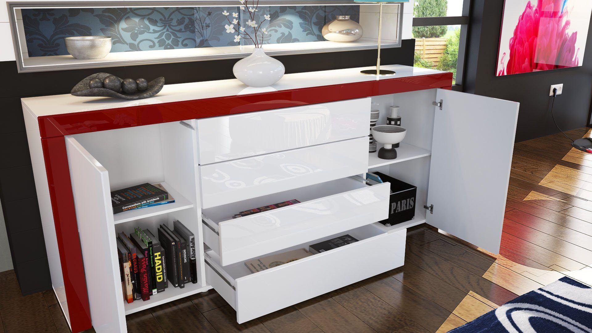 Vladon Sideboard La Paz V1 (Kommode, mit 2 Türen und 4 Schubladen), Brombeer Hochglanz / Weiß Hochglanz (167 x 72 x 35)