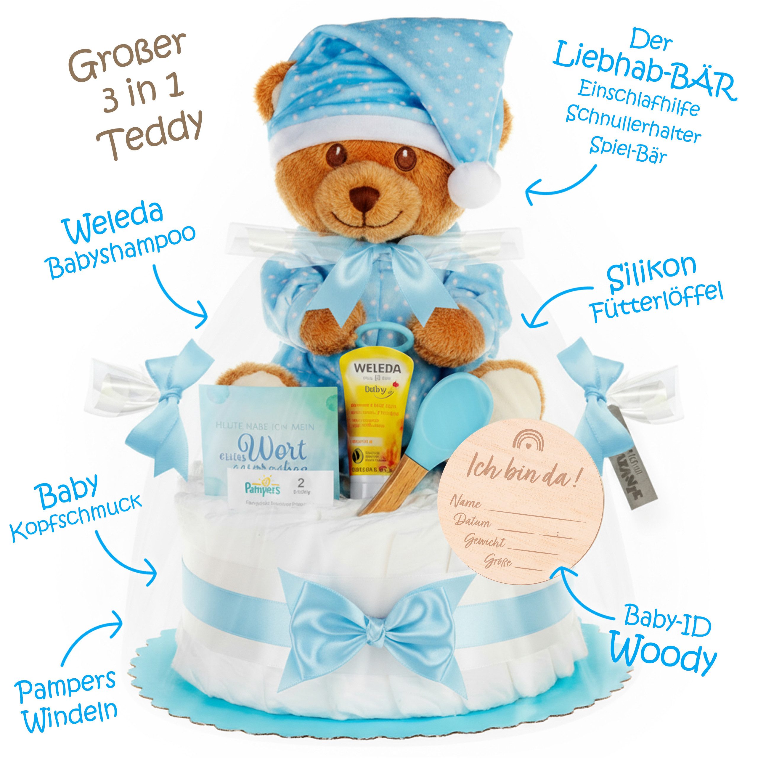 Timfanie Windeln & Wow, Windeltorte mit LiebhabBÄR, blau, 0-5 Monate (Handgefertigtes Geschenk - In Folie gehüllt, mit Schleifen verziert, 28-St., /Set: Premium Pampers + Kuscheltier + wertige Accessoires), Geschenk zur Geburt & Babyparty