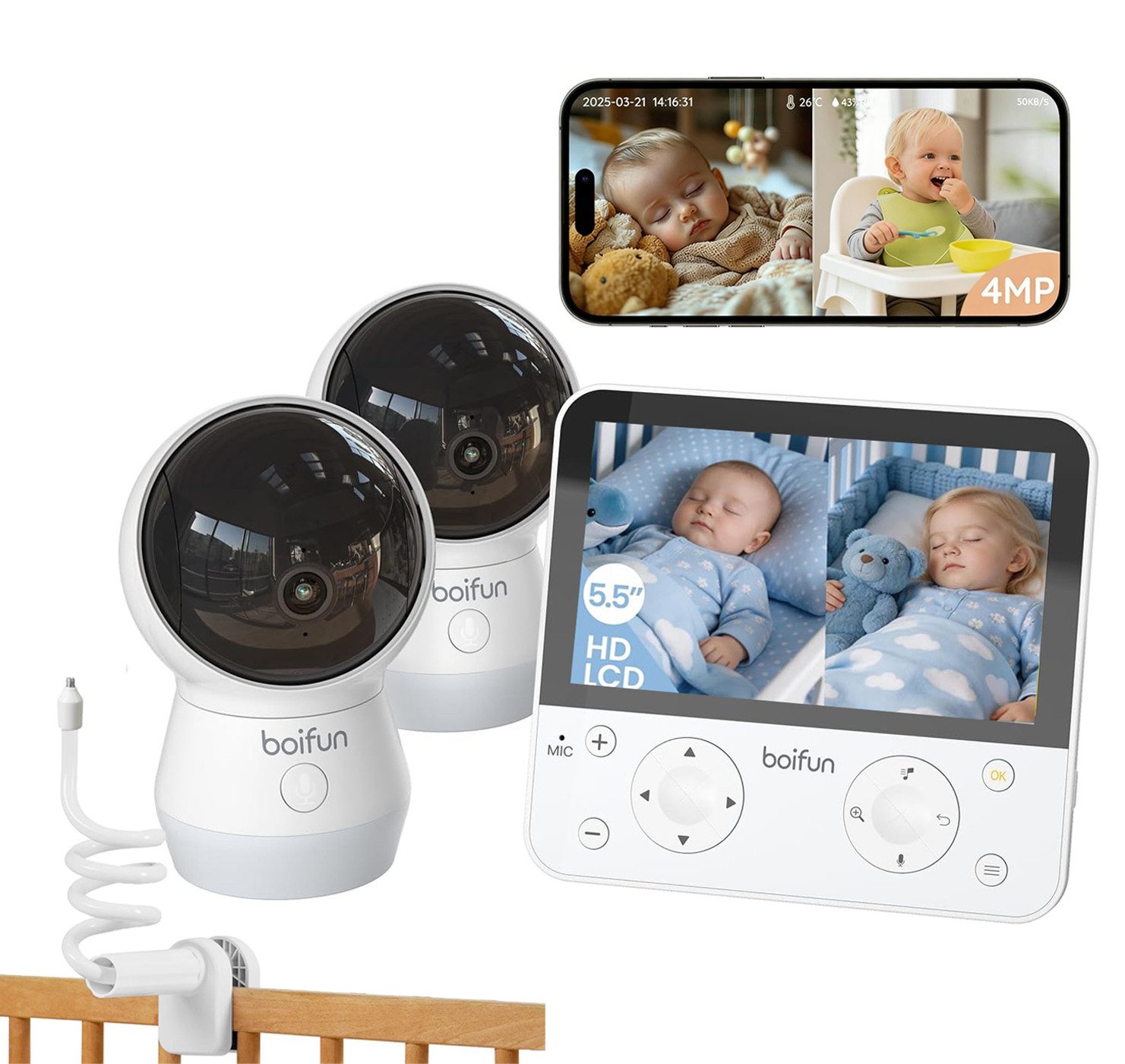 Boifun Babyphone 4MP Babyphone mit 2 Kameras App, Split-Screen-Ansicht, KI/Weinen/Bewegungs/Geräuscherkennung, Intelligente Nachtsicht, Automatische Verfolgung, PTZ 345°/65°, 5.5" Video Babyfon WLAN, geteiltem Bildschirm, Schwenk-Neige-Zoom-Funktion