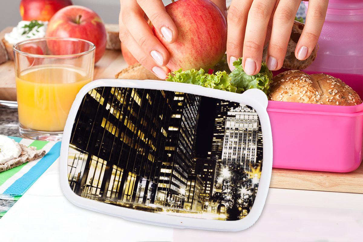 MuchoWow Lunchbox New (2-tlg), für Erwachsene, Snackbox, Kinder, Mädchen, - Brotbox Brotdose - York rosa Nacht, Lampe Kunststoff, Kunststoff