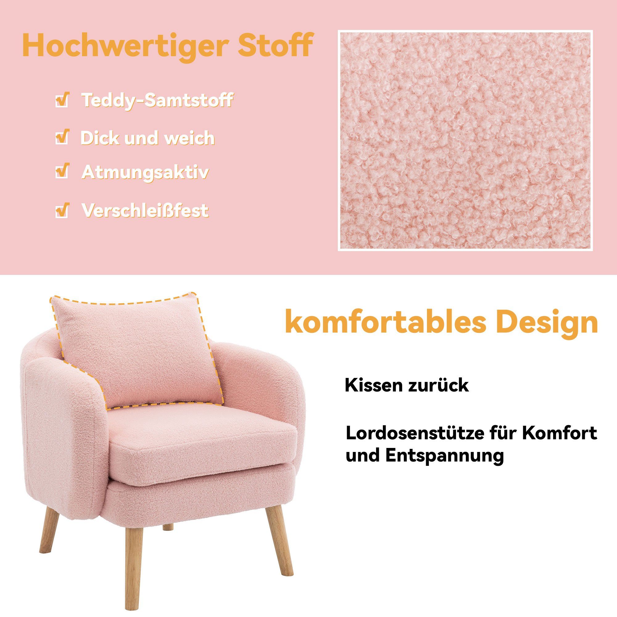 mit Einzel Loungesofa, Sessel Rosa und Einzelsessel Loungesessel, Massivholzbeine, Relaxsessel Merax mit Zierkissen Teddyplüsch,