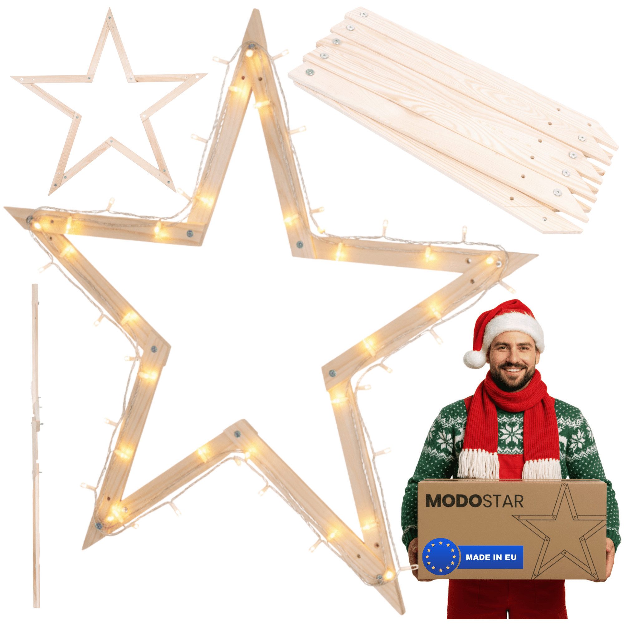 Modo24 Dekostern DIY MODOSTAR Weihnachtsstern Set aus FSC Holz 2D und 3D in 3 Breiten, zum Garten & Terrasse, wetterfest, faltbar & stabil, Weihnachtsdeko