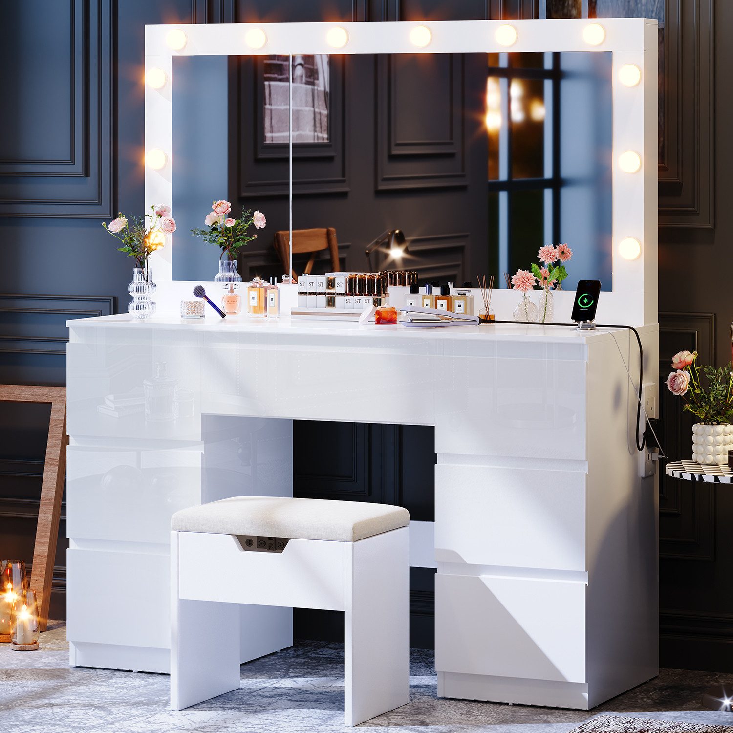 Furnicopia Schminktisch mit 7 Schubladen mit 2 Steckdosen 1 USB-Anschluss 1 günstig online kaufen