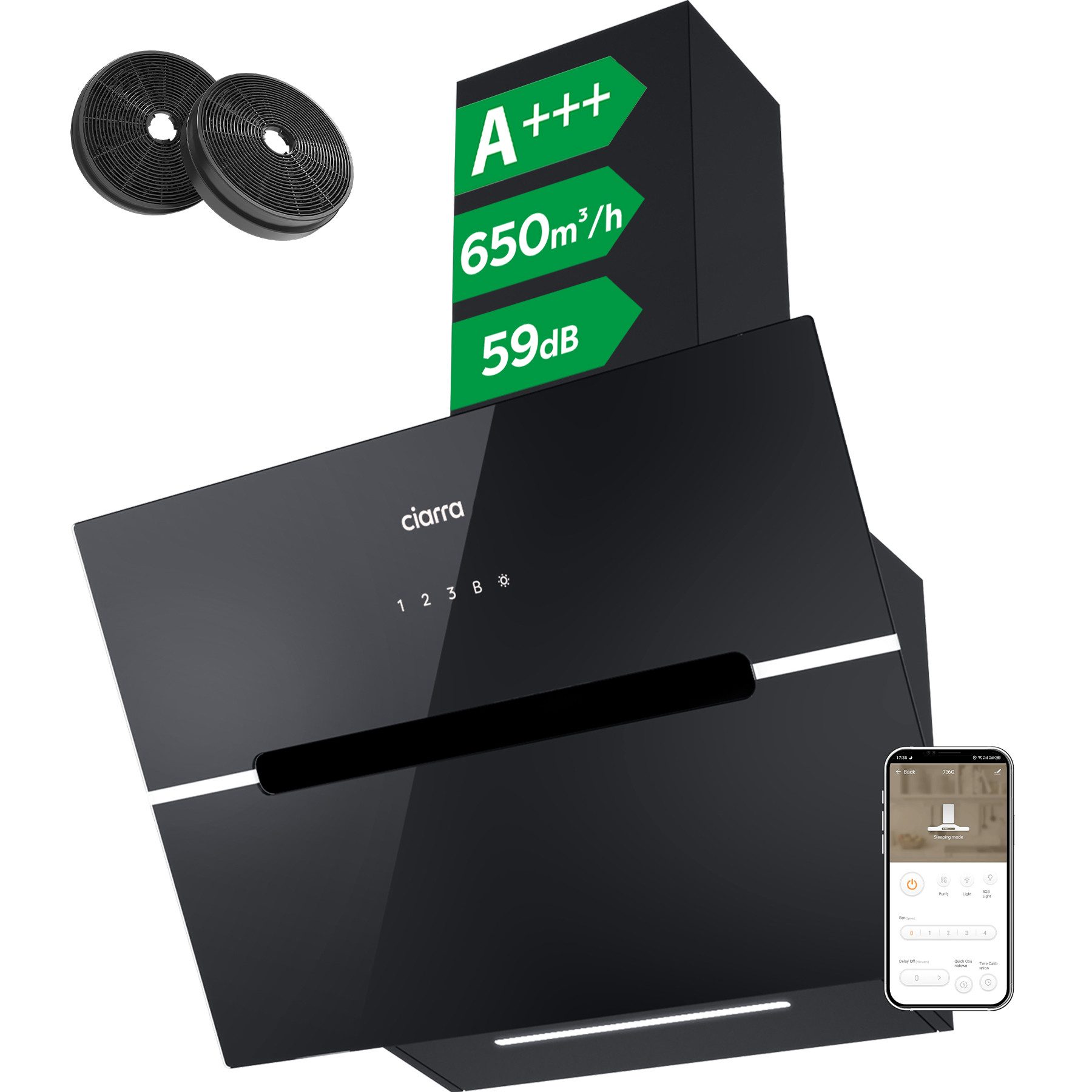 CIARRA Kopffreihaube 60 cm A+++ 650 m³/h Schräghaube leise Umluft & Abluft LED VM6736FB 60 cm A+++ 650 m³/h Schräghaube leise Umluft & Abluft LED VM6736FB, Kopffrei Dunstabzugshaube WIFI-APP Touch Control Inkl. BOOST 4 Stufen
