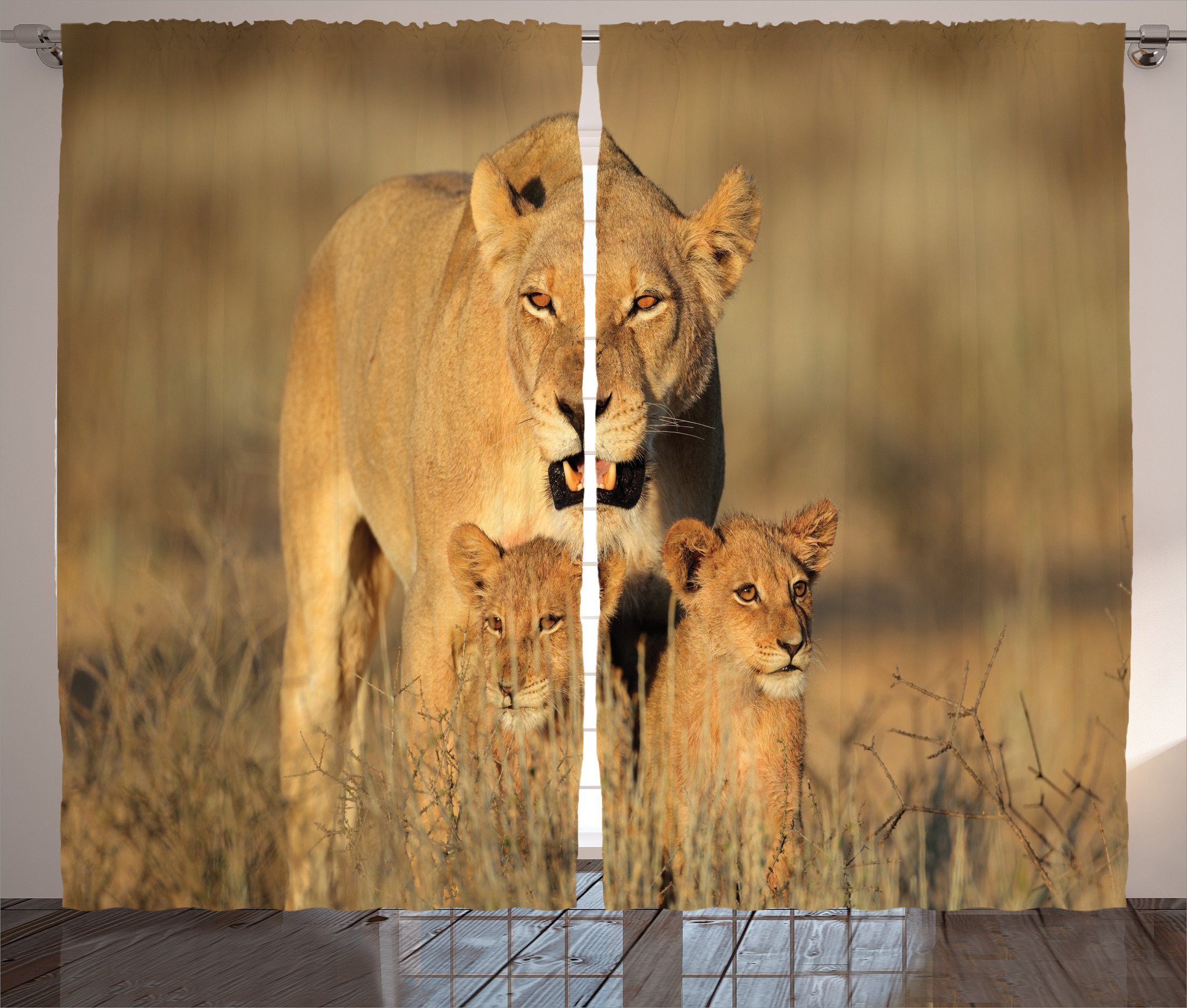 Gardine Schlafzimmer Kräuselband Vorhang mit Schlaufen und Haken, Abakuhaus, Afrika Safari Lions Wildnis