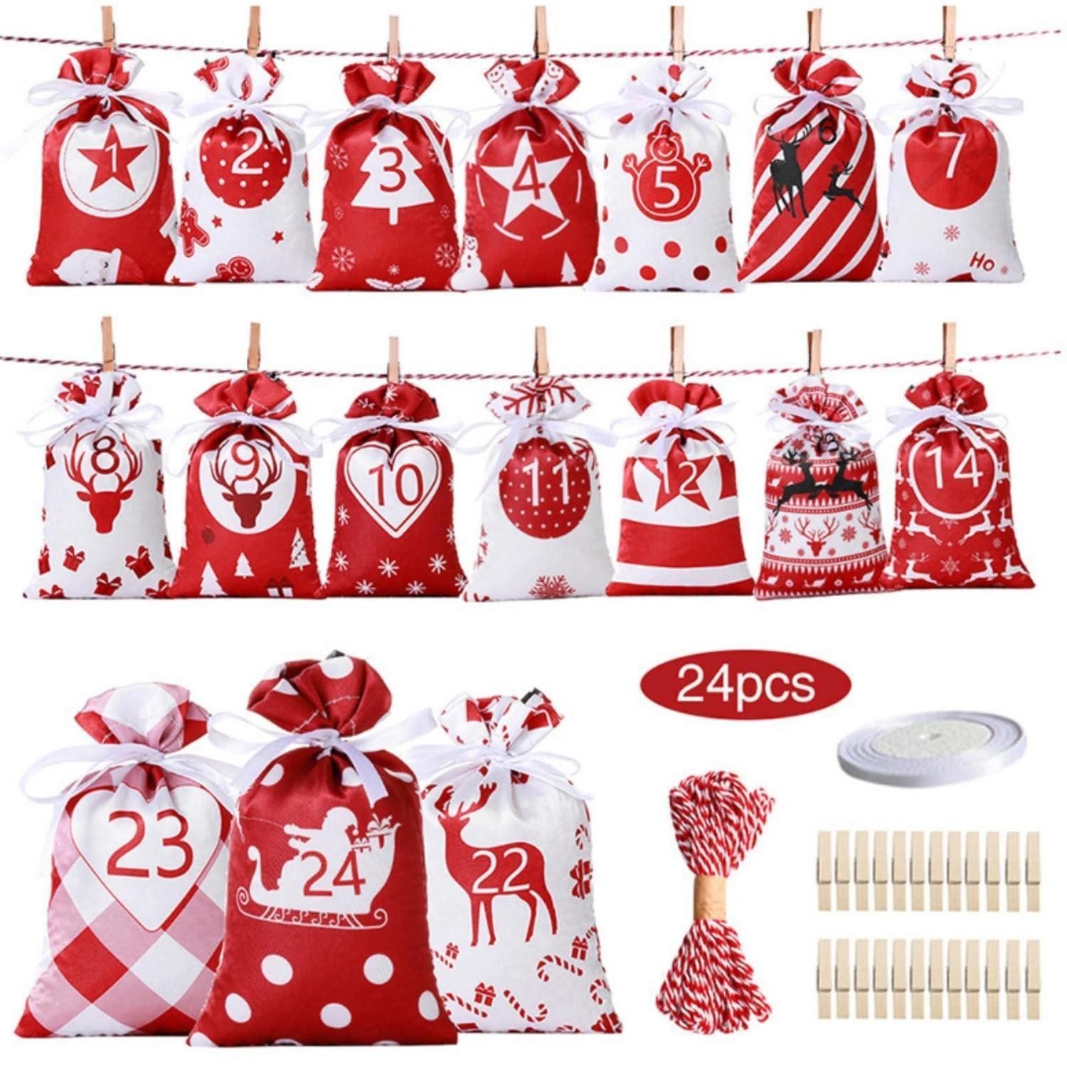 LuxusKollektion DIY-Adventskalender Adventskalender-Tüten 24 Tage Countdown Jute rot