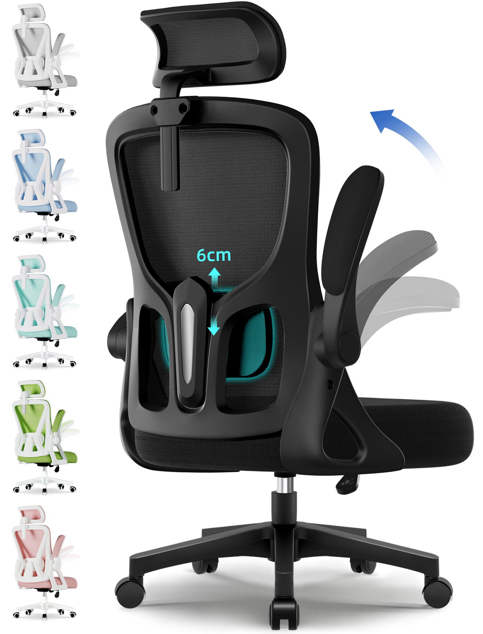 Adormii Bürostuhl Ergonomischer Bürostuhl mit klappbaren Armlehnen und Rückenlehnen (Drehstuhl mit Drehbare, höhenverstellbarer Kopfstütze, geräuscharme Rollen, 90°-135° Wippfunktion Bürostuhl, belastbar bis 150kg, Netz atmungsaktiv, Chefsessel), Leise Rollen, getestet und garantiert für 2-Jahre