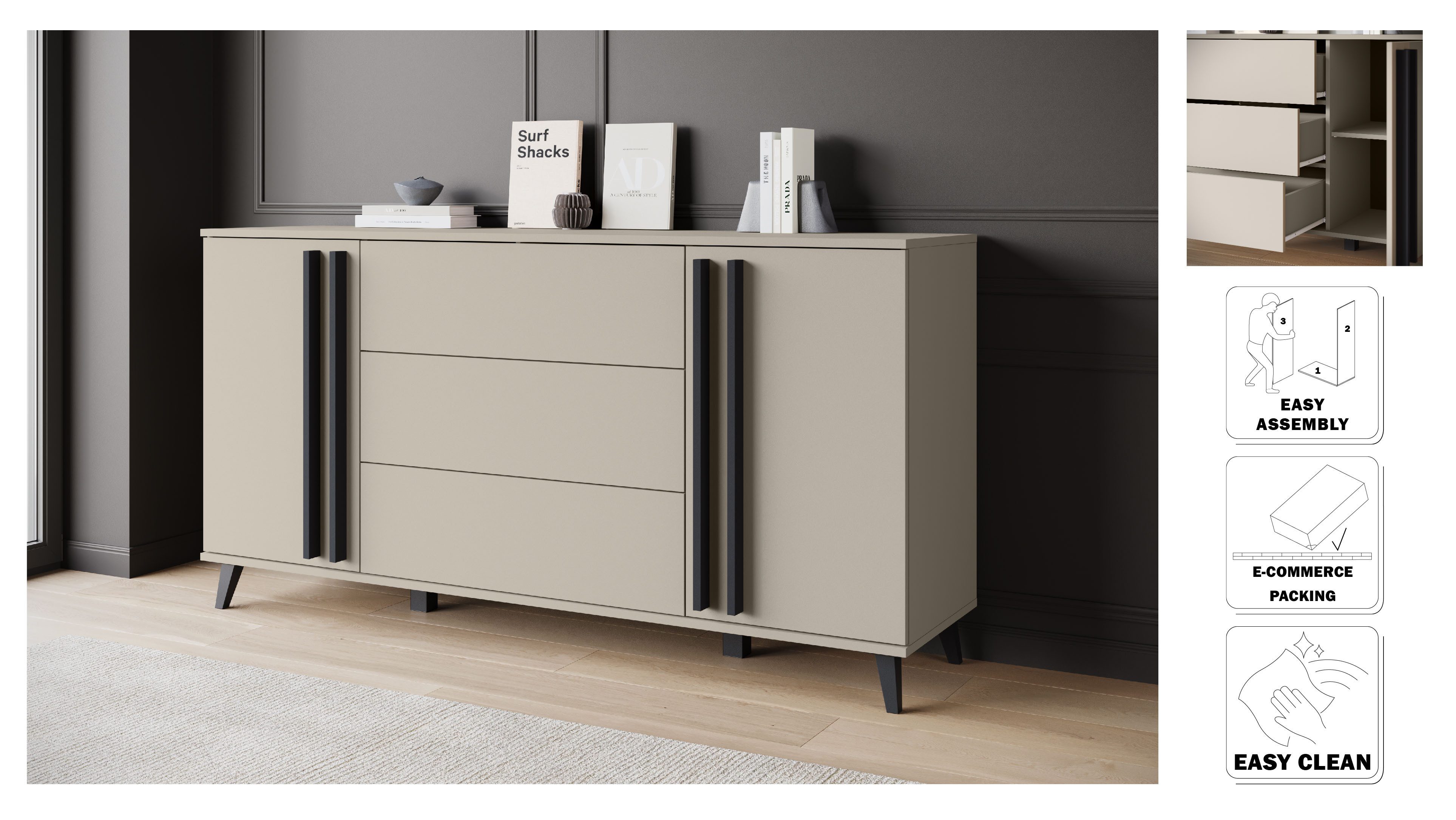 Home affaire Sideboard Helsinki, Kommode mit 2 Türen und 3 Schubladen, Breite 150 cm (1 St), Push-to-Open-Schubladen, höhenverstellbare Einlegeböden
