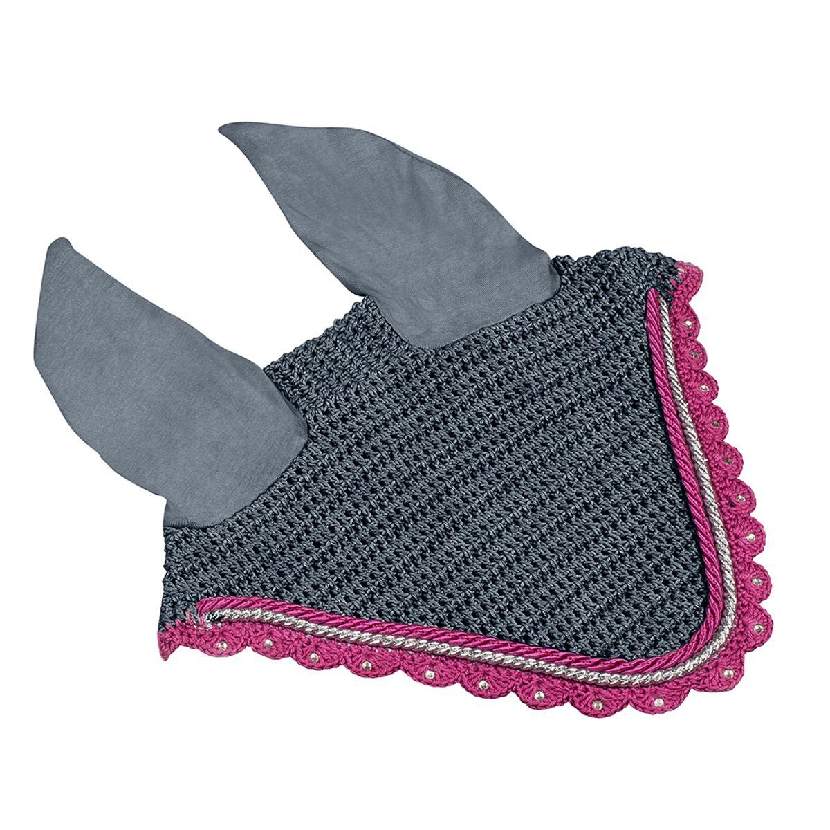 PFIFF Fliegenohren Fliegenhaube mit Zierkordeln - Warmblut - grau/pink