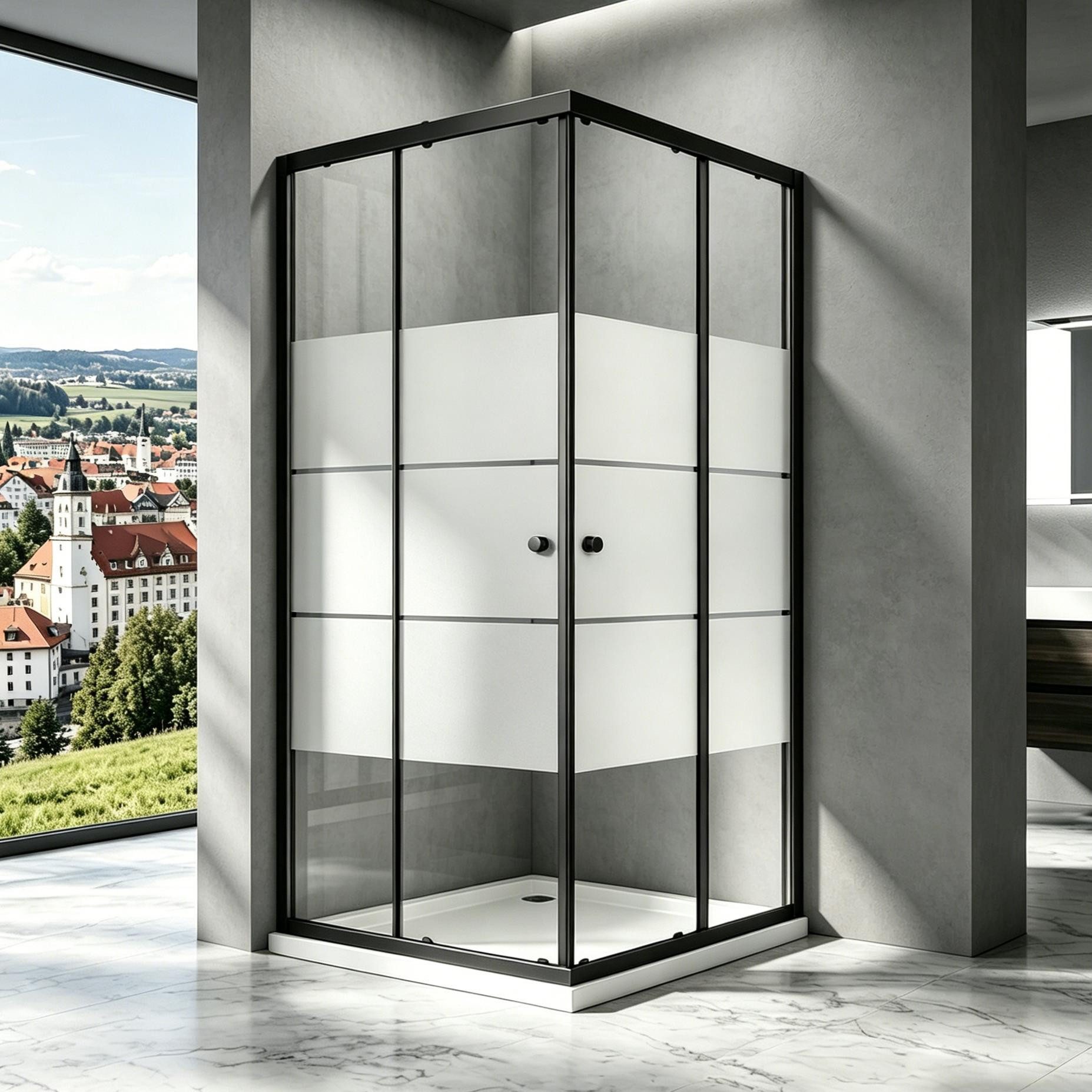 Boromal Eckdusche Duschkabine Duschabtrennung Schiebetür Schwarz Milchglas H:185cm, BxT: 75x75 cm, 5mm Sicherheitsglas, Eckeinstieg Duschwand für Dusche, Alu-Rahmen, Schnellfreigabefunktion,Spritzwasserschutz