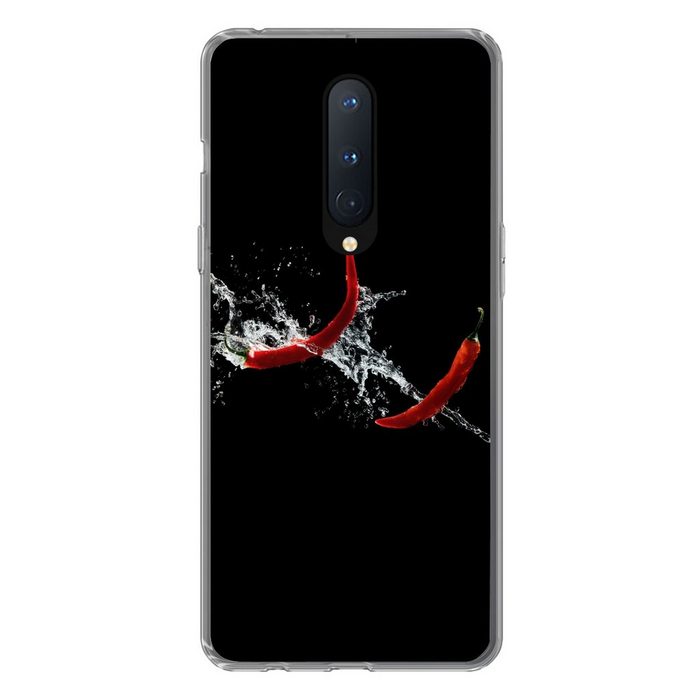 MuchoWow Handyhülle Chilischote - Stilleben - Wasser - Schwarz - Rot Phone Case Handyhülle OnePlus 8 Silikon Schutzhülle