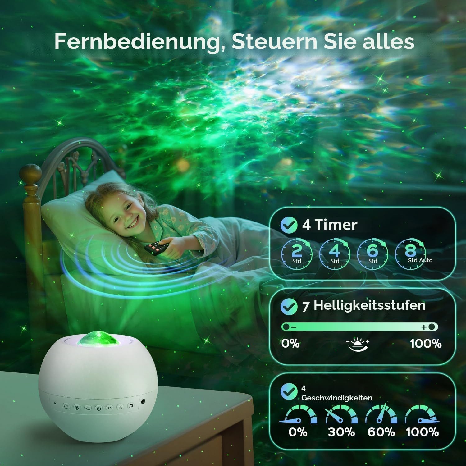 Vivitar LED-Sternenhimmel Projektor mit 15 Farben 15 Schlafliedern Geräuschen, 3 Projektionsmodi, Geschenk für Kinder, Mädchen, Frauen, mit Bluetooth, Fernbedie – Bild 4 von 5
