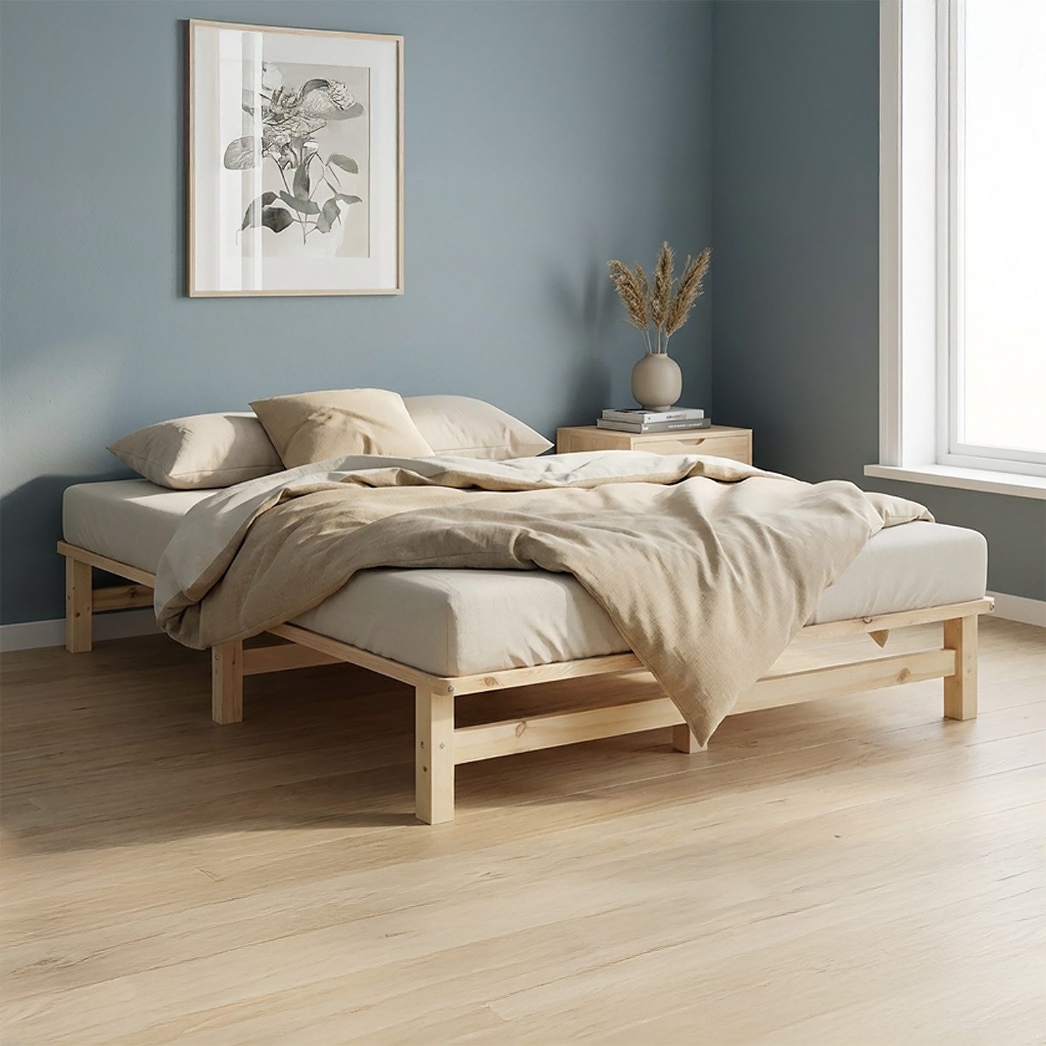 Homestyle4u Palettenbett Holzbett 90x200 120x200 100x200 140x200 Jugendbett Futonbett bodennah (Set, inklusive Lattenrost), 140x200, Braun, naturbelassen, Doppelbett, bodennah